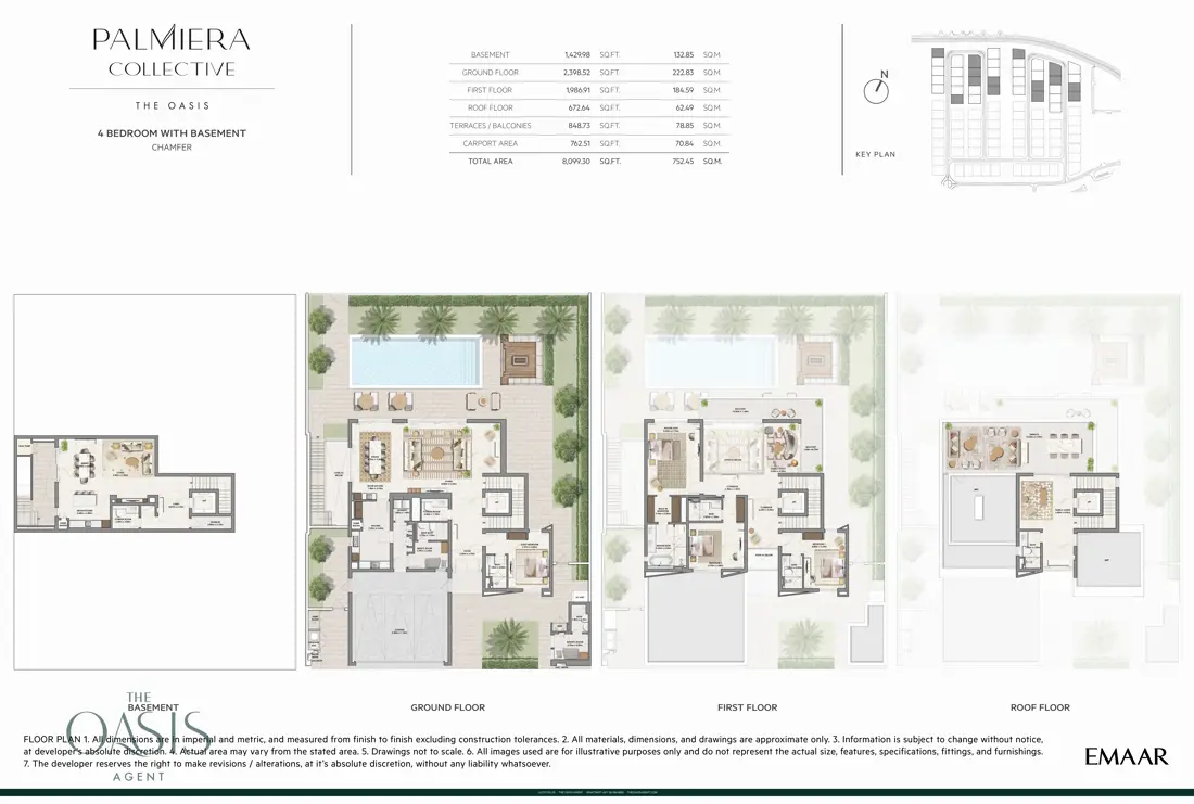 Palmiera Collective 4 Bedroom Villa, Chamfer floor plan, Basement, Ground, First and Roof floors, The Oasis by Emaar