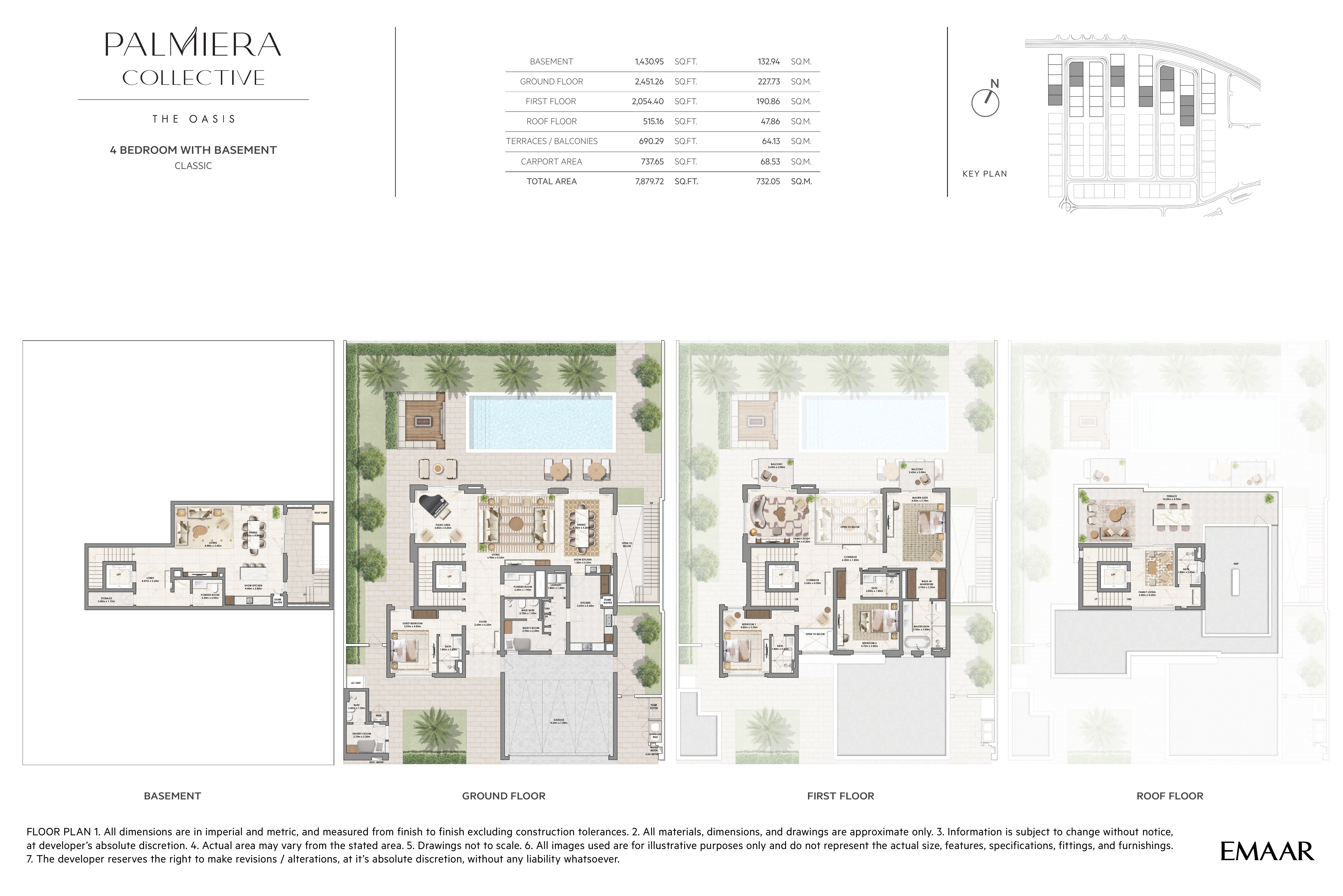 Palmiera Collective 4 Bedroom Villa Classic floor plan — Basement, Ground, First and Roof floors