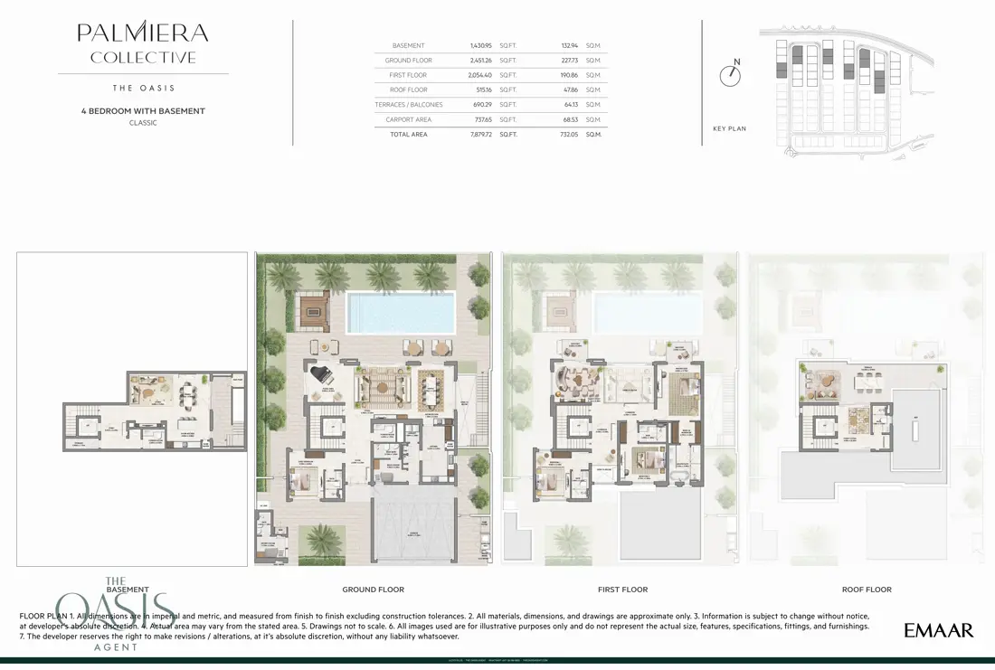 Palmiera Collective 4 Bedroom Villa, Classic floor plan, Basement, Ground, First and Roof floors, The Oasis by Emaar