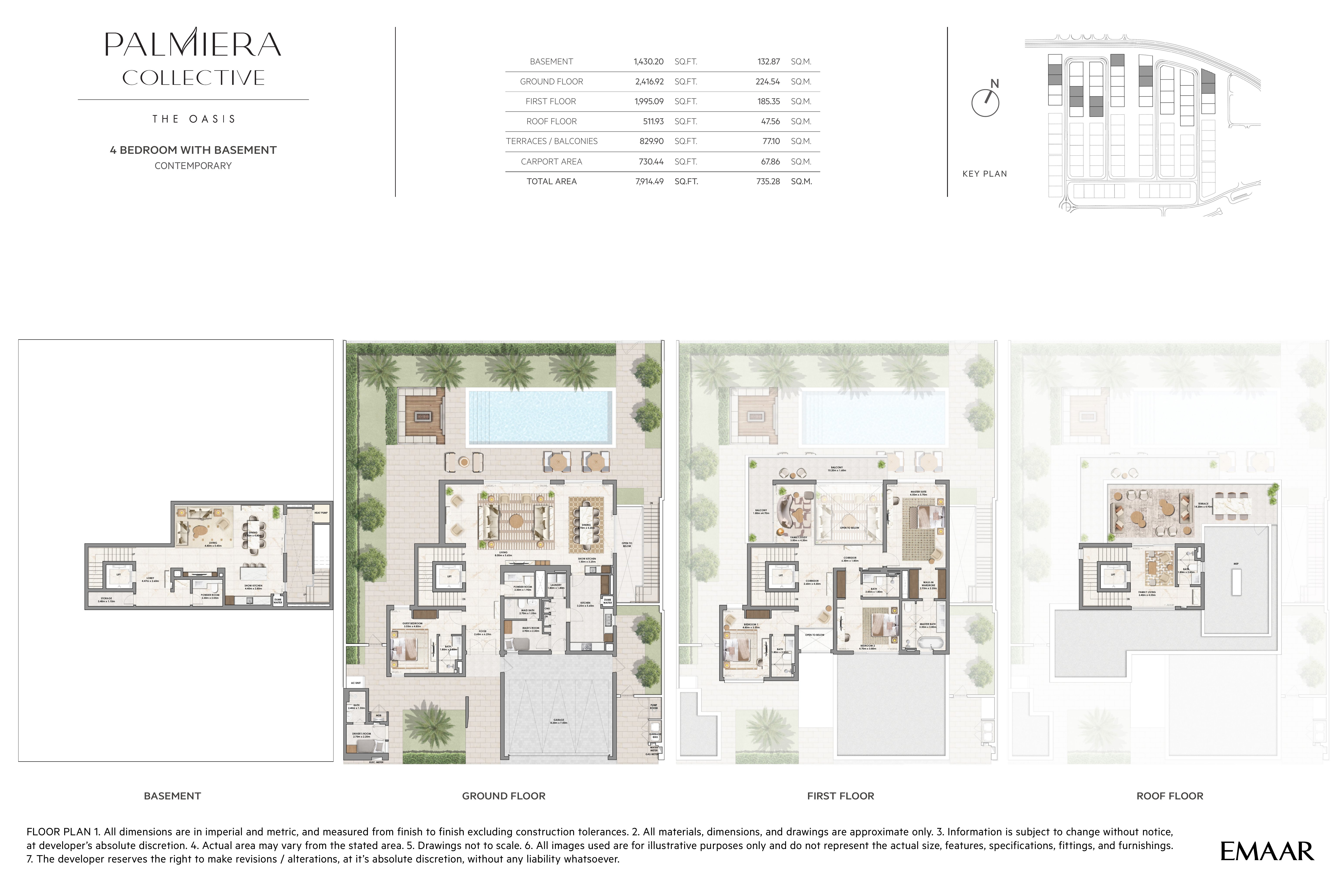 Palmiera Collective 4 Bedroom Villa Contemporary floor plan — Basement, Ground, First and Roof floors