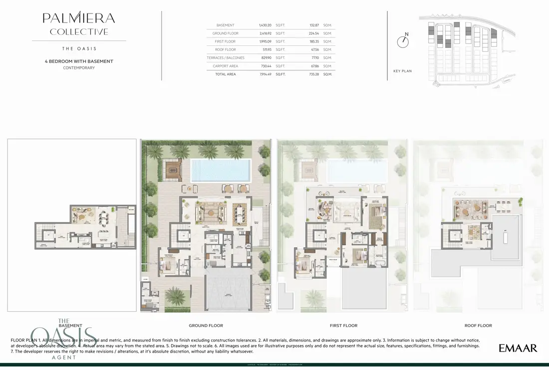 Palmiera Collective 4 Bedroom Villa, Contemporary floor plan, Basement, Ground, First and Roof floors, The Oasis by Emaar
