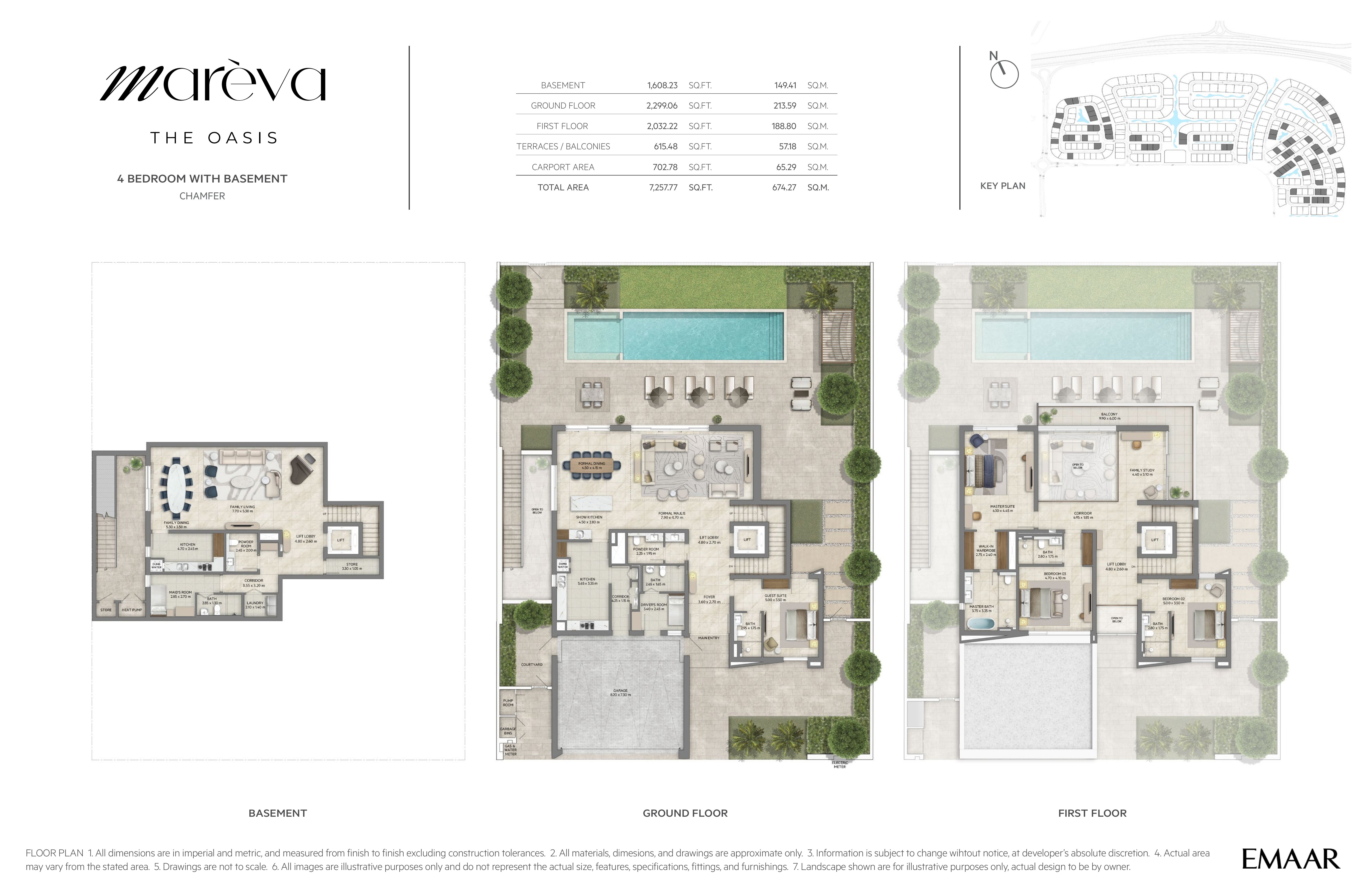 Mareva Collection 4 Bedroom floor plan — Chamfer villa with basement — basement, ground and first floor plans (7,257 sq ft / 674 sq m total)