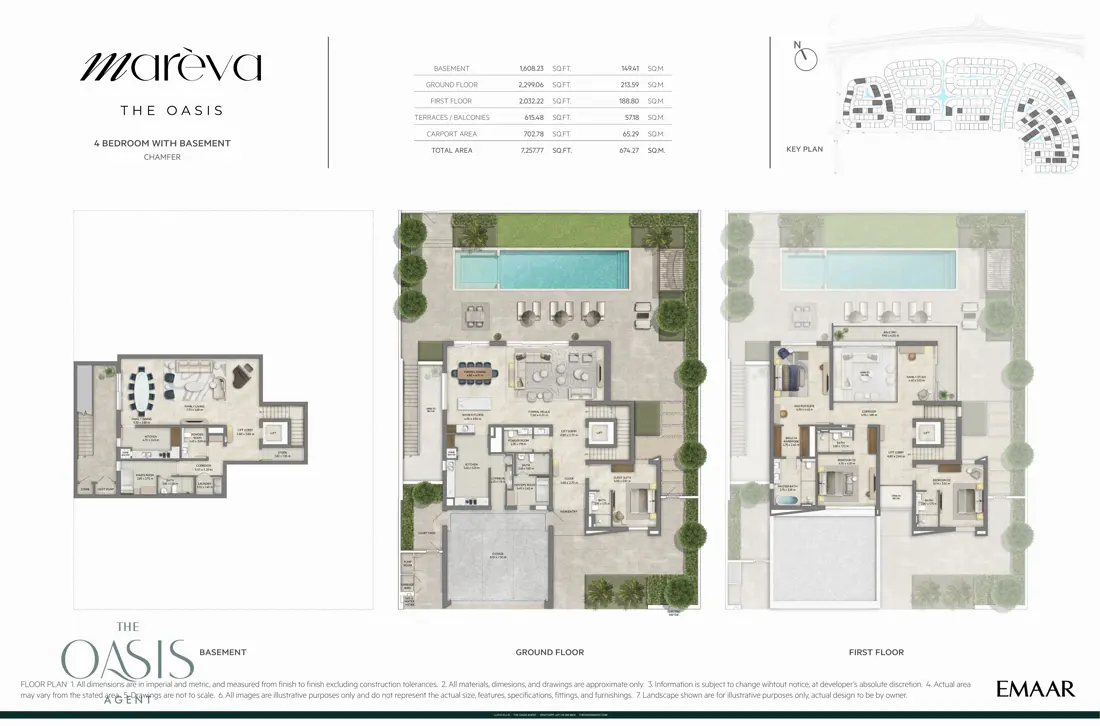 Marèva 4 Bedroom floor plan, Chamfer villa with basement, basement, ground and first floor plans (7,257 sq ft / 674 sq m total), The Oasis by Emaar