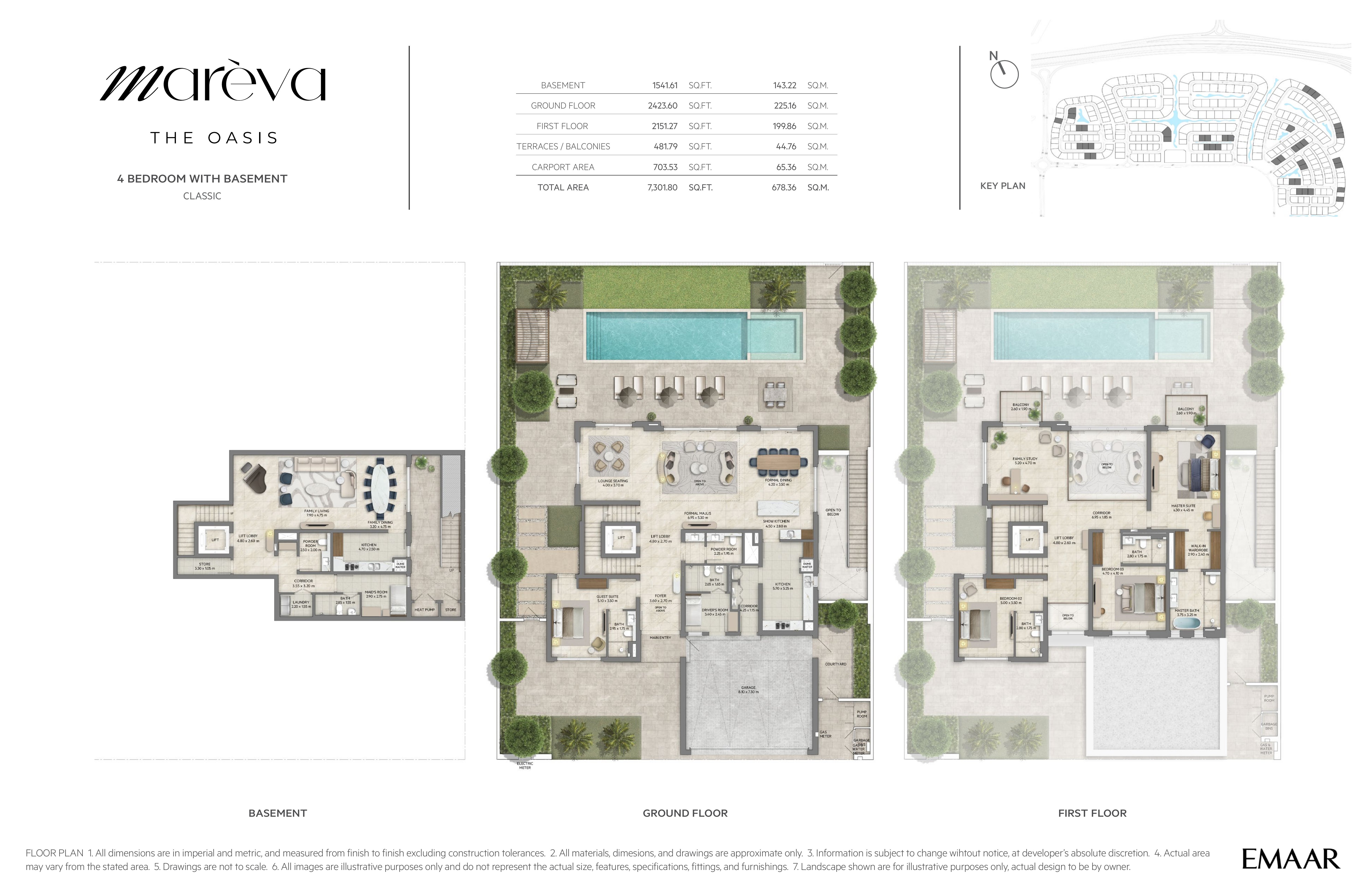 Mareva Collection 4 Bedroom floor plan — Classic villa with basement — basement, ground and first floor plans (7,301 sq ft / 678 sq m total)