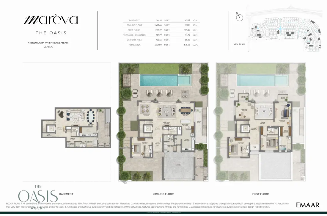 Marèva 4 Bedroom floor plan, Classic villa with basement, basement, ground and first floor plans (7,301 sq ft / 678 sq m total), The Oasis by Emaar
