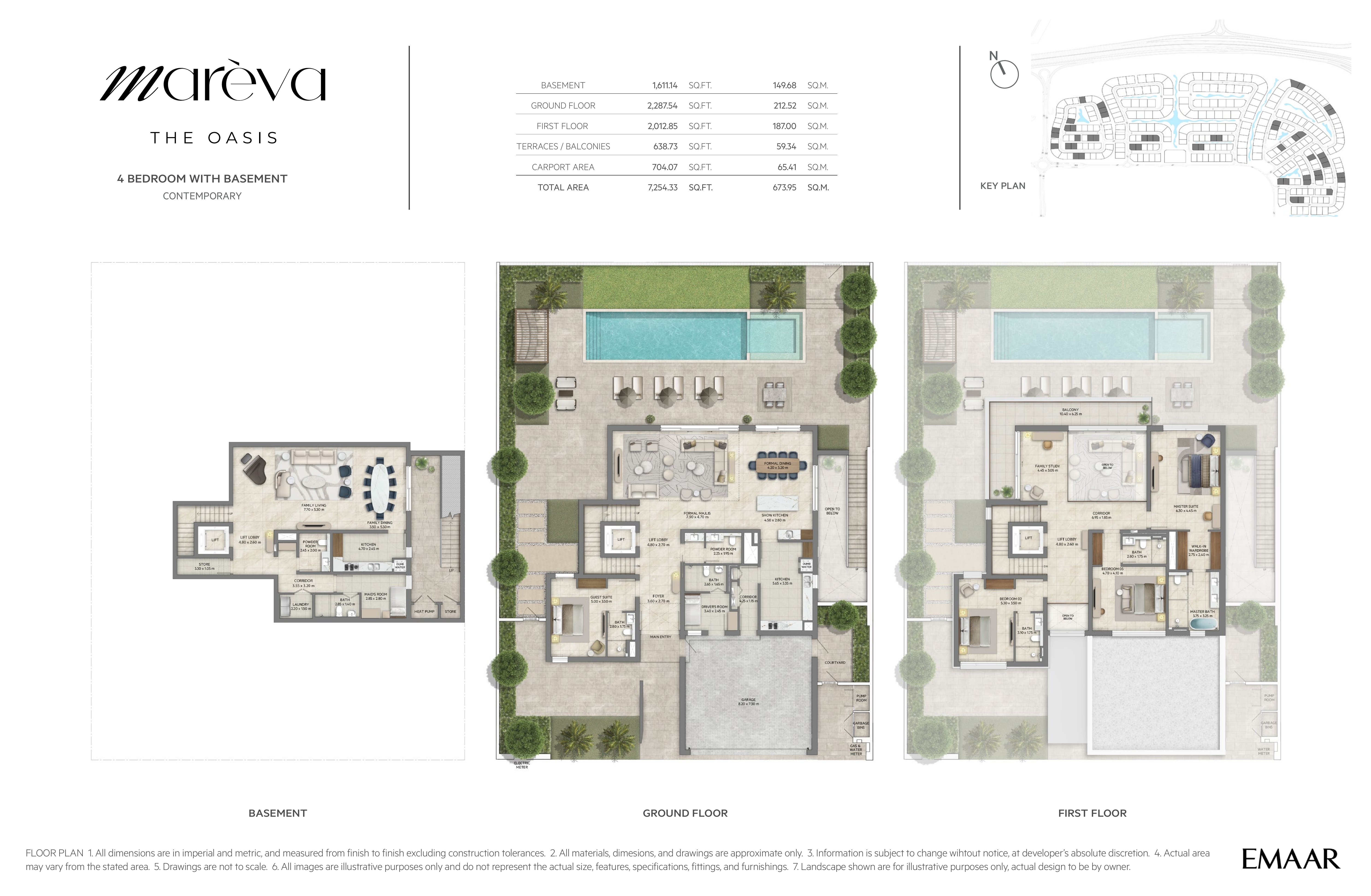 Mareva Collection 4 Bedroom floor plan — Contemporary villa with basement — basement, ground and first floor plans (7,254 sq ft / 674 sq m total)
