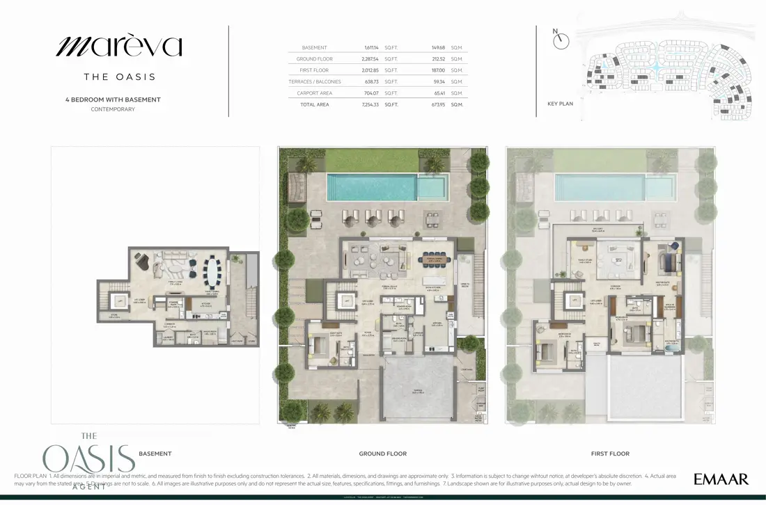 Marèva 4 Bedroom floor plan, Contemporary villa with basement, basement, ground and first floor plans (7,254 sq ft / 674 sq m total), The Oasis by Emaar
