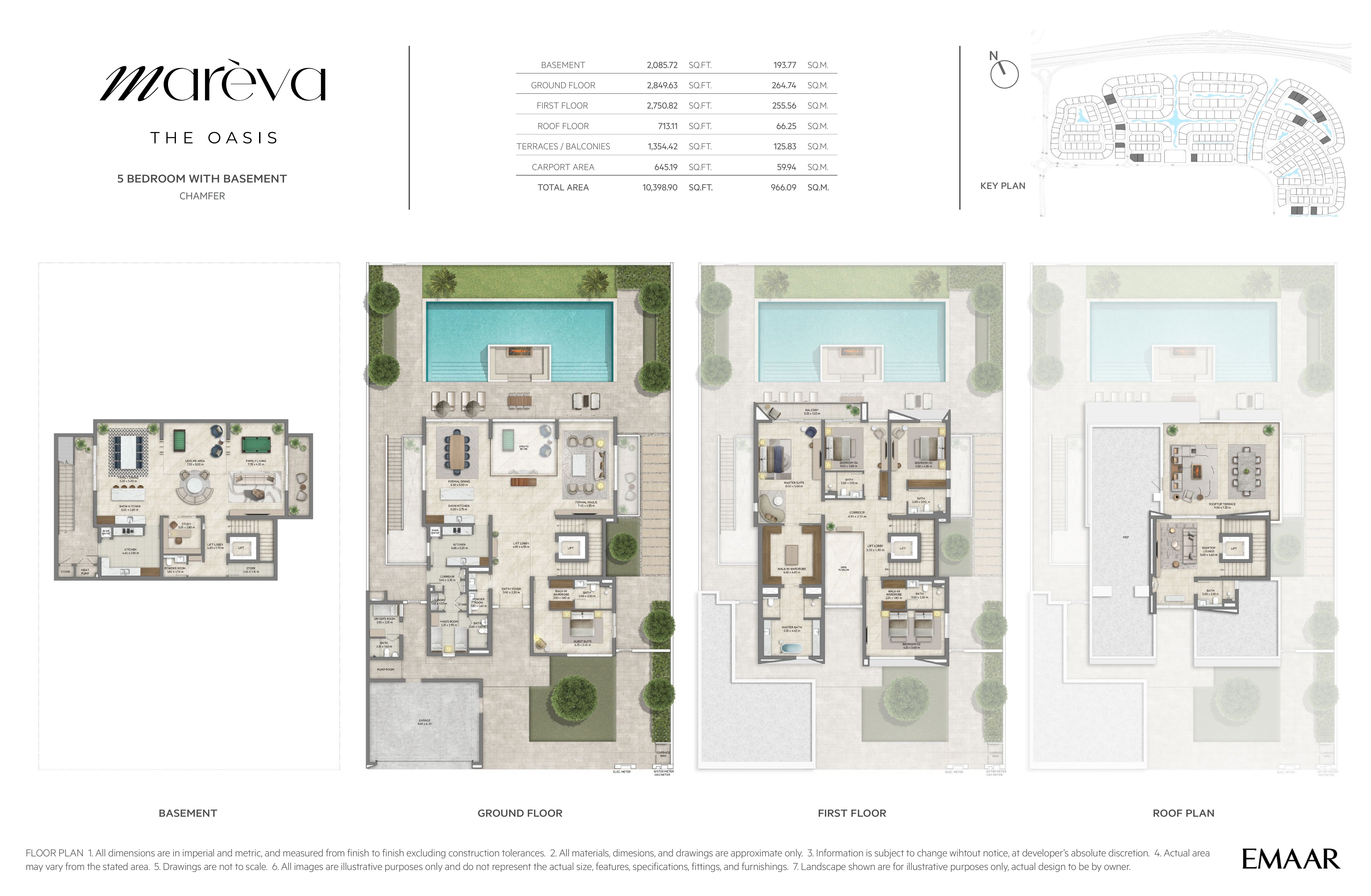 Mareva Collection 5 Bedroom floor plan — Chamfer villa with basement — basement, ground, first and roof floor plans (10,398 sq ft / 966 sq m total)