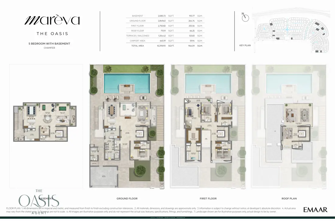 Marèva 5 Bedroom floor plan, Chamfer villa with basement, basement, ground, first and roof floor plans (10,398 sq ft / 966 sq m total), The Oasis by Emaar