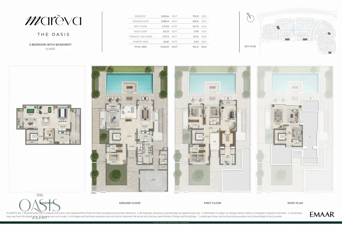 Marèva 5 Bedroom floor plan, Classic villa with basement, basement, ground, first and roof floor plans (10,363 sq ft / 963 sq m total), The Oasis by Emaar