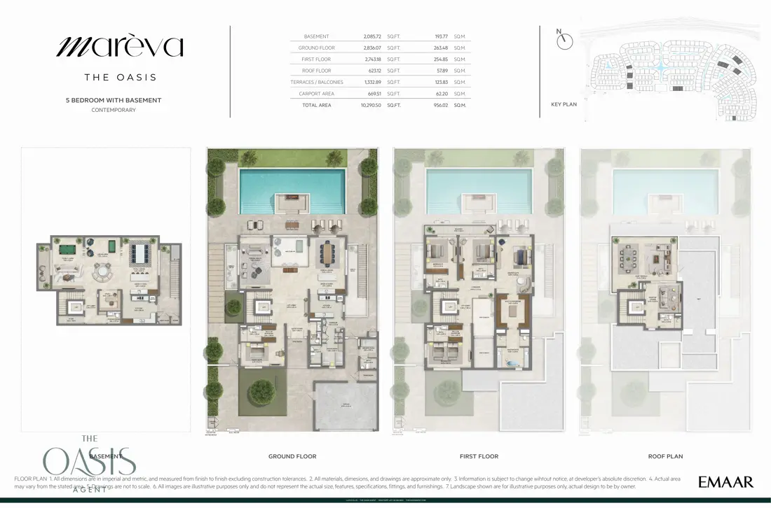 Marèva 5 Bedroom floor plan, Contemporary villa with basement, basement, ground, first and roof floor plans (10,290 sq ft / 956 sq m total), The Oasis by Emaar