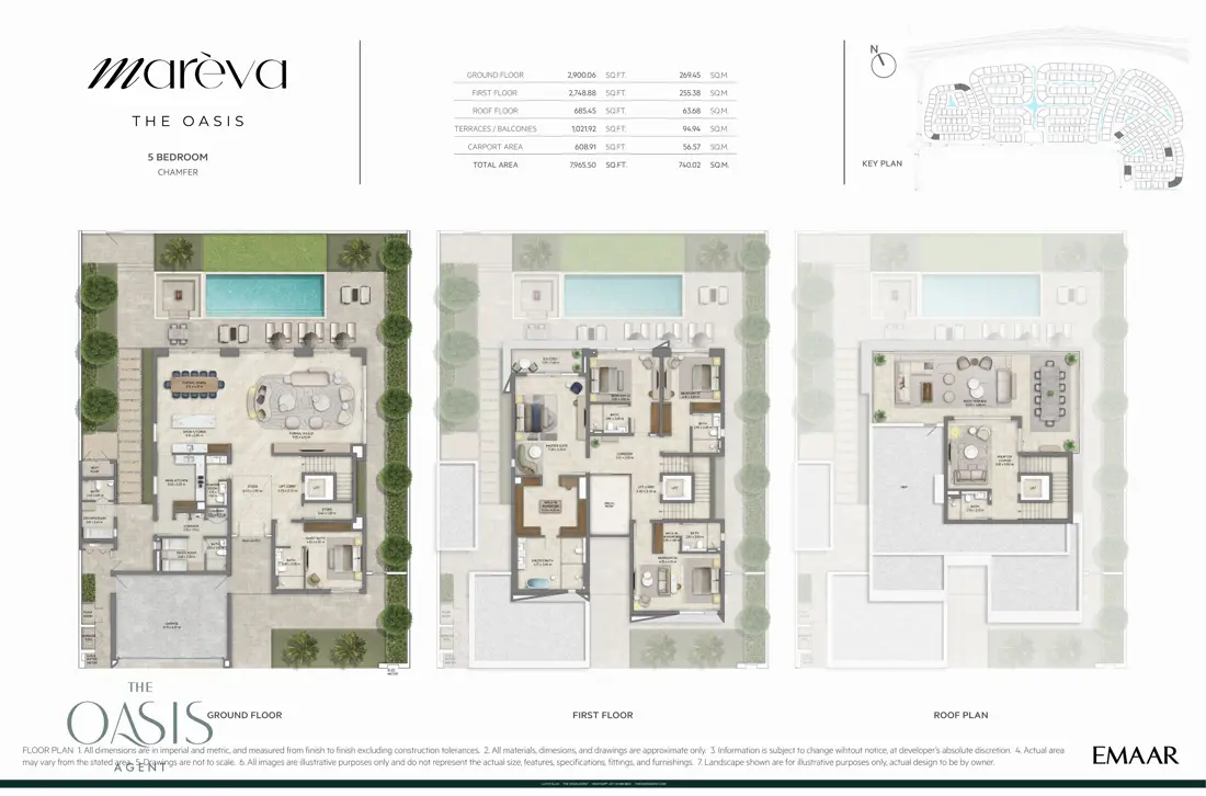 Marèva 5 Bedroom floor plan, Chamfer villa, ground, first and roof floor plans (7,965 sq ft / 740 sq m total), The Oasis by Emaar