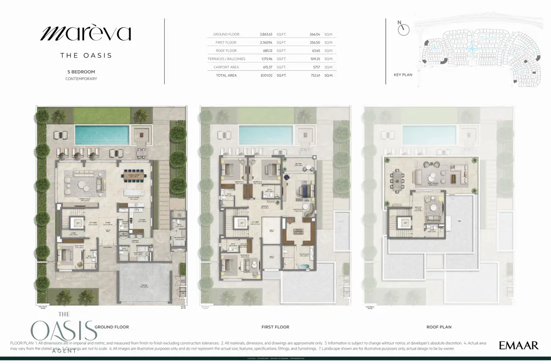 Marèva 5 Bedroom floor plan, Contemporary villa, ground, first and roof floor plans (8,101 sq ft / 753 sq m total), The Oasis by Emaar