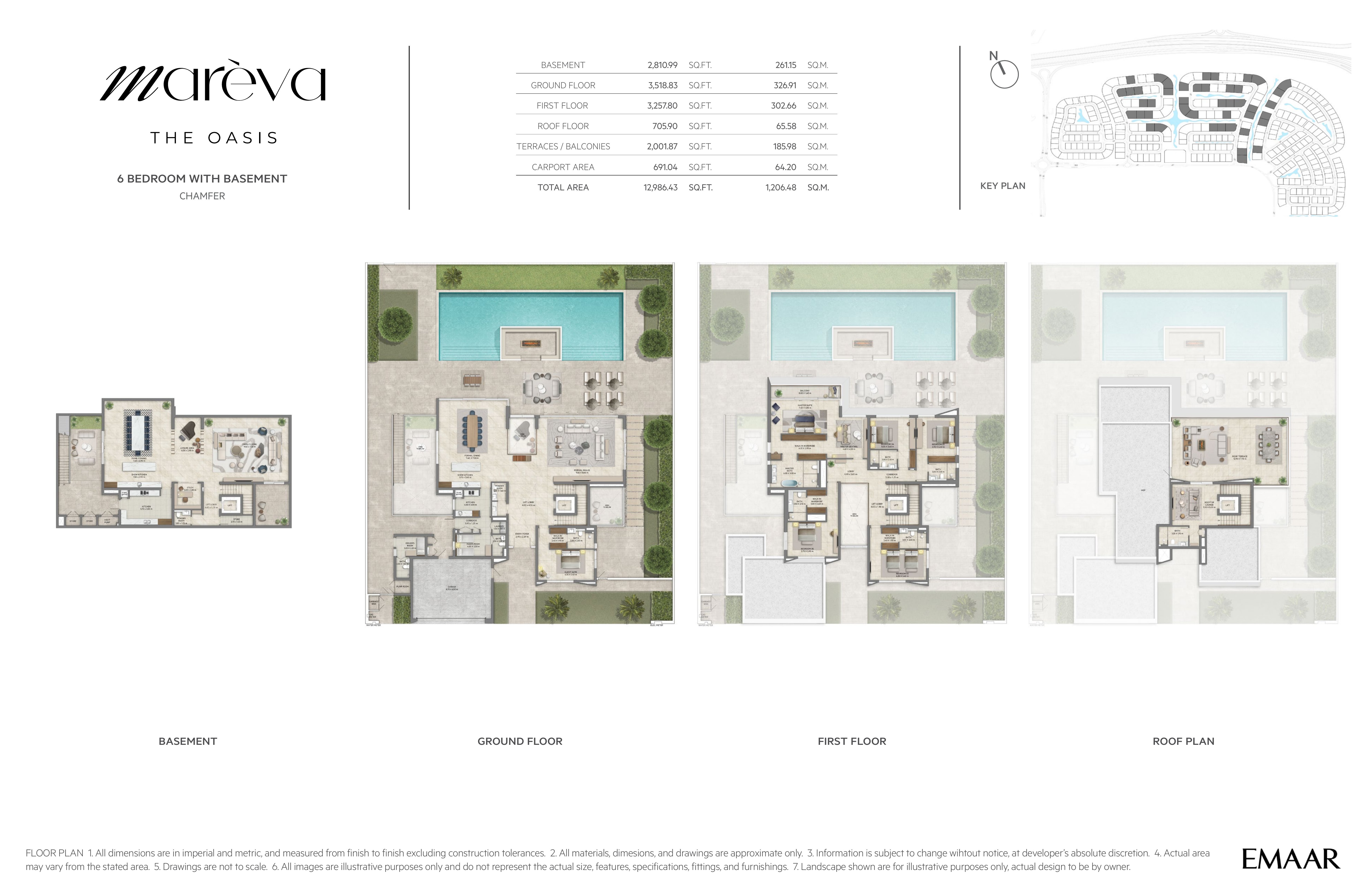 Mareva Collection 6 Bedroom floor plan — Chamfer villa with basement — basement, ground, first and roof floor plans (12,986 sq ft / 1,206 sq m total)