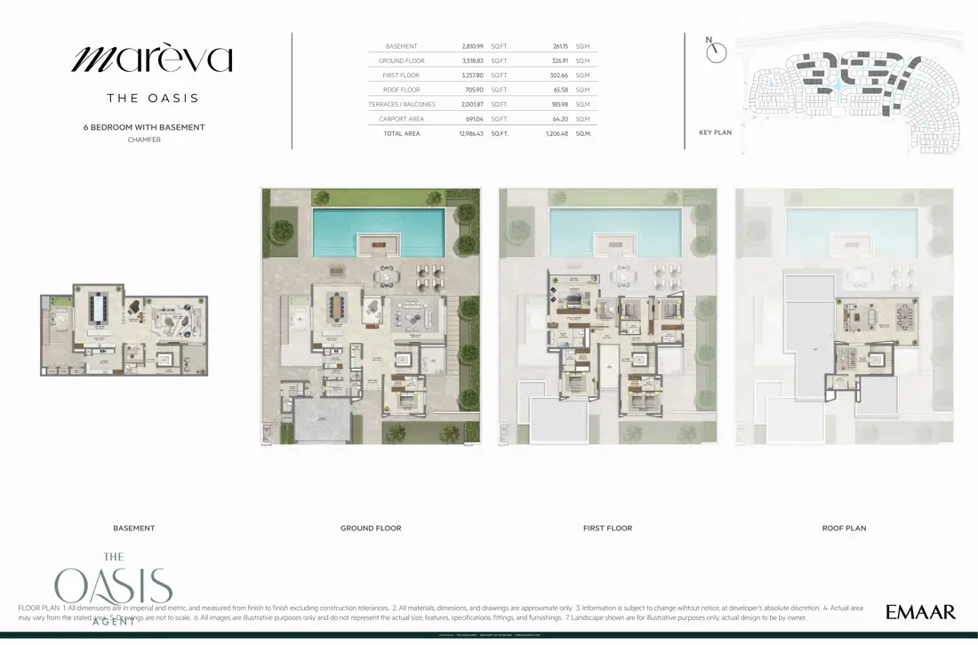 Marèva 6 Bedroom floor plan, Chamfer villa with basement, basement, ground, first and roof floor plans (12,986 sq ft / 1,206 sq m total), The Oasis by Emaar