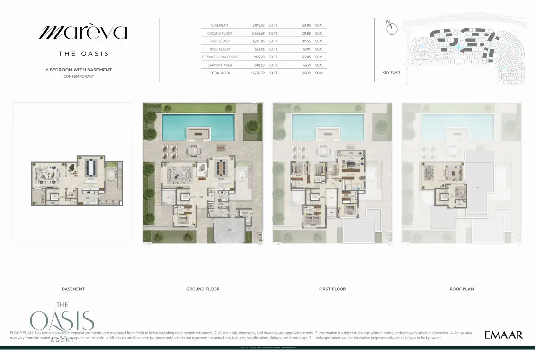 Marèva 6 Bedroom floor plan, Contemporary villa with basement, basement, ground, first and roof floor plans (12,779 sq ft / 1,187 sq m total), The Oasis by Emaar