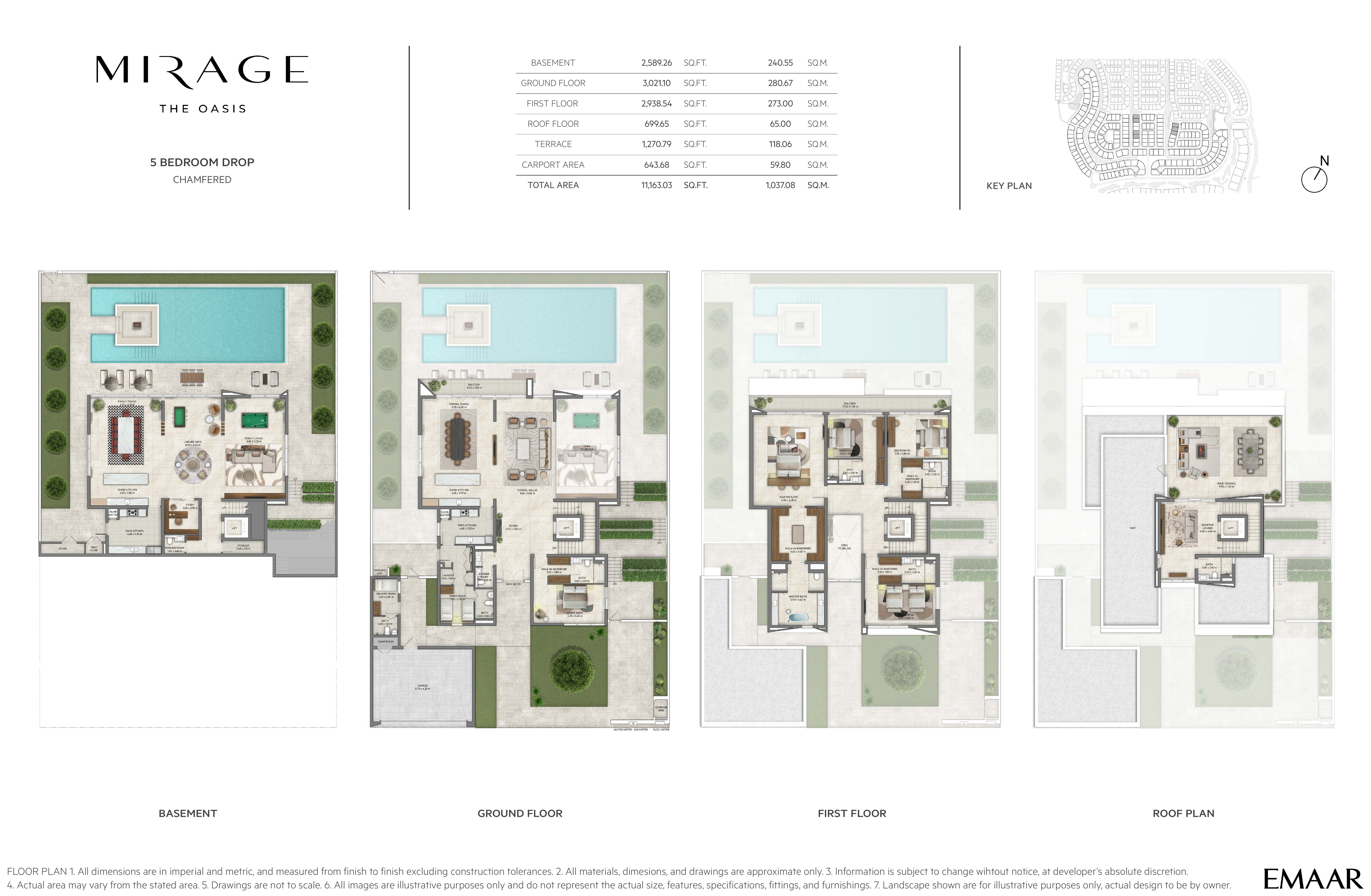 Mirage 5 Bedroom Drop — Chamfered floor plan — basement, ground, first & roof plans