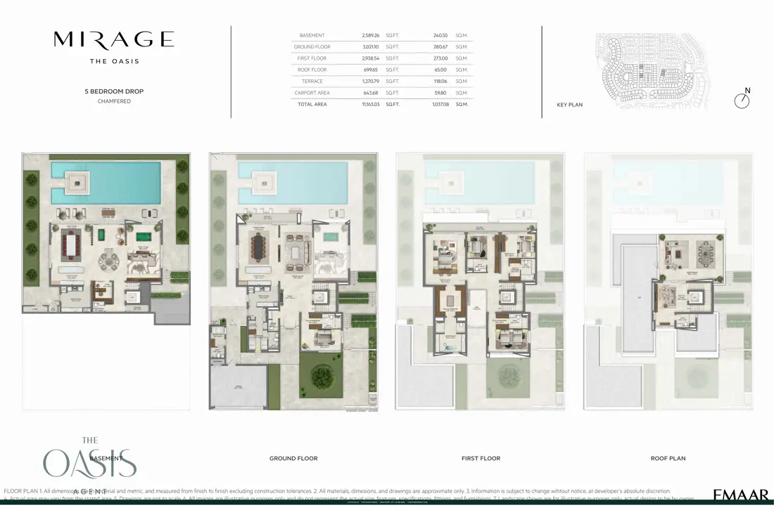Mirage 5 Bedroom Drop, Chamfered floor plan, Basement, ground, first & roof plans, The Oasis by Emaar