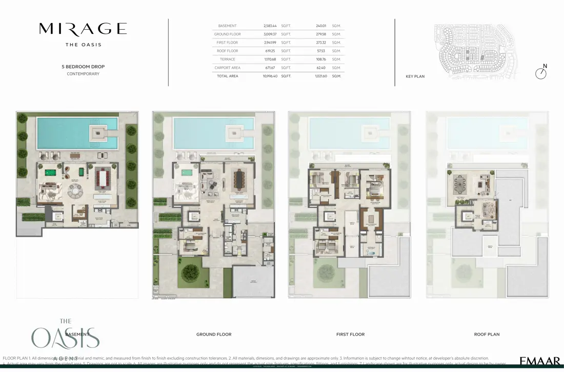 Mirage 5 Bedroom Drop, Contemporary floor plan, Basement, ground, first & roof plans, The Oasis by Emaar