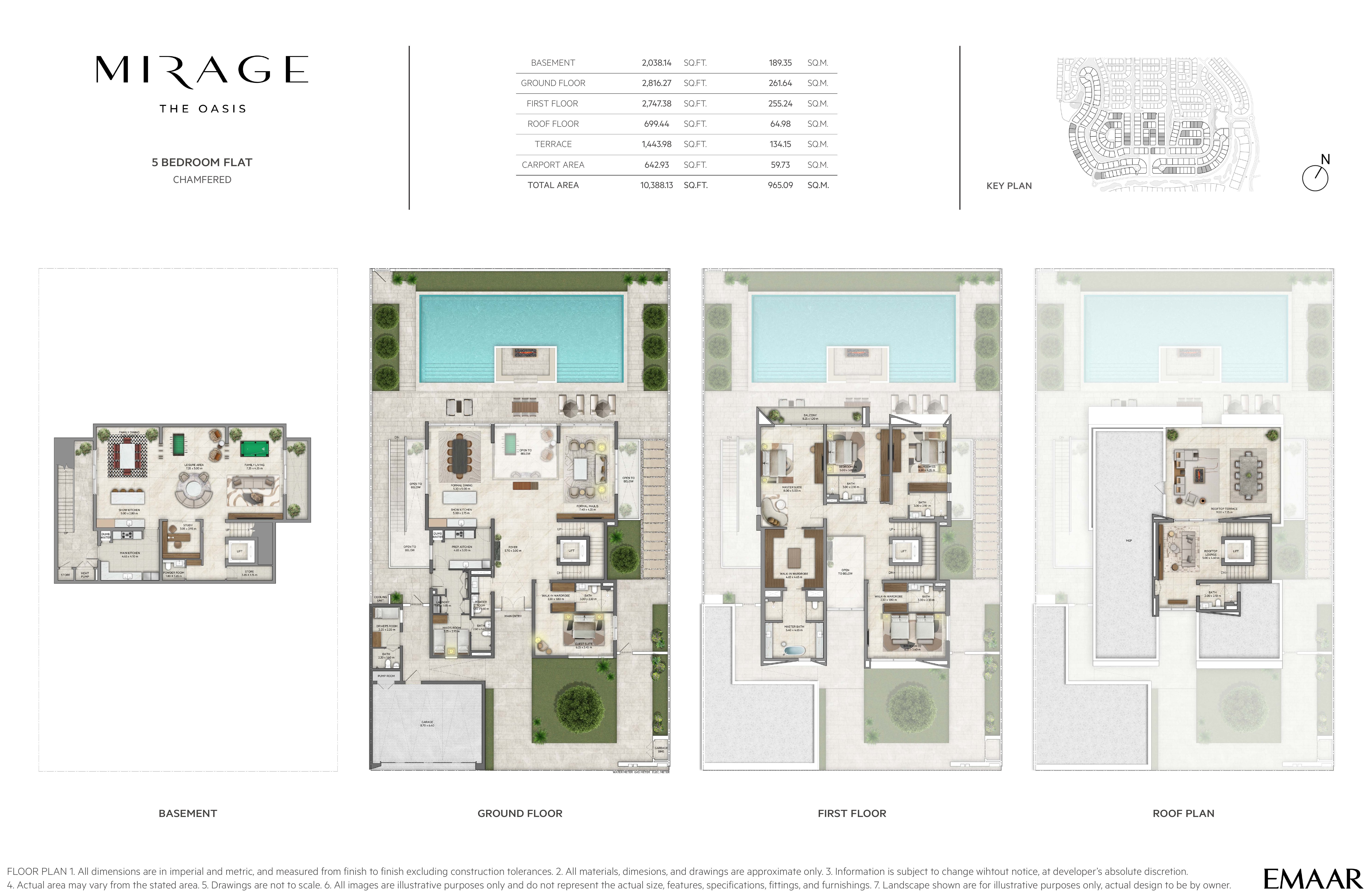 Mirage 5 Bedroom Flat — Chamfered floor plan — basement, ground, first & roof plans