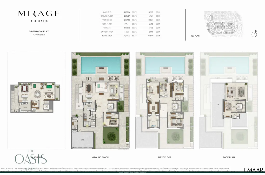 Mirage 5 Bedroom Flat, Chamfered floor plan, Basement, ground, first & roof plans, The Oasis by Emaar