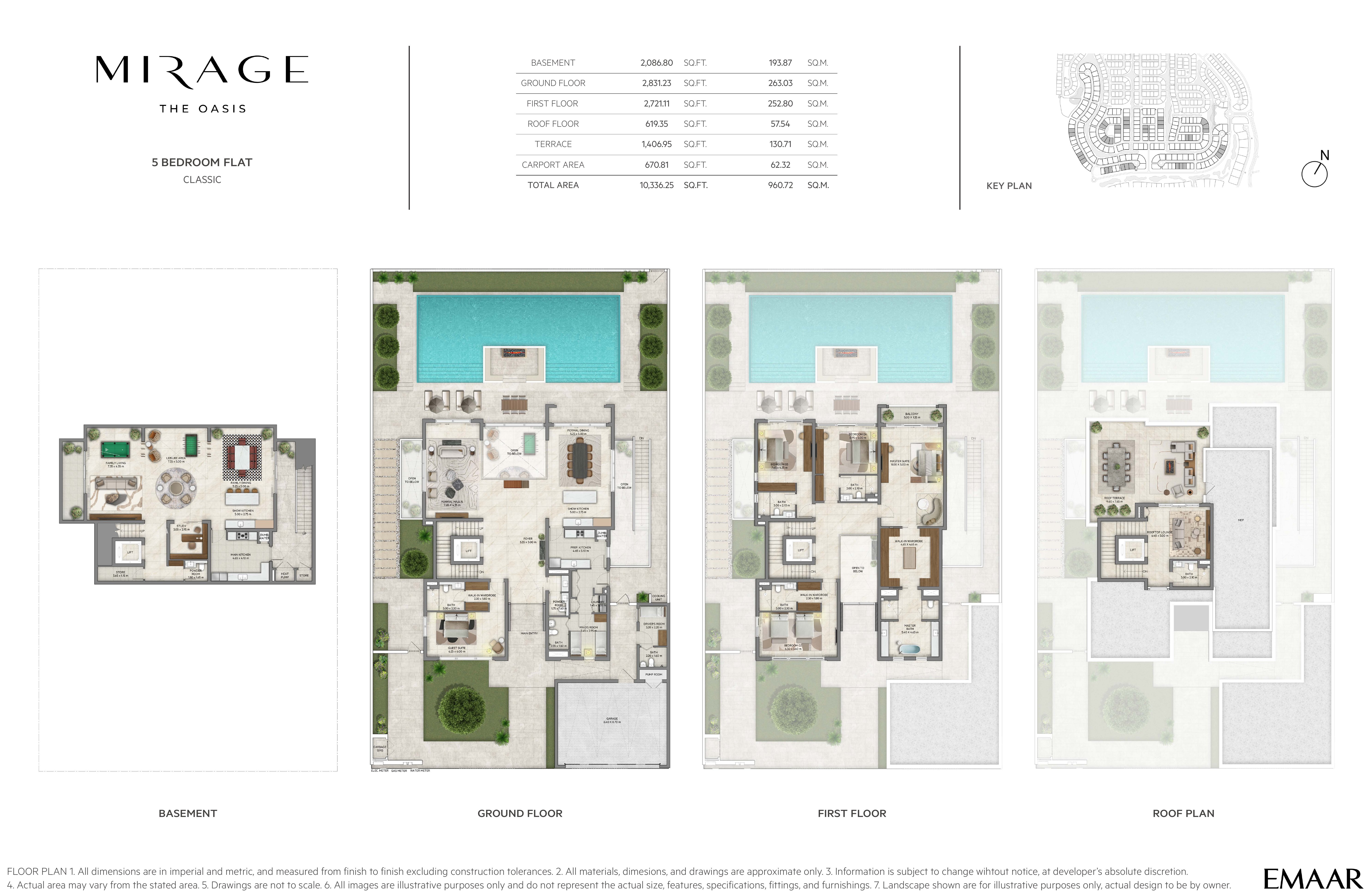 Mirage 5 Bedroom Flat — Classic floor plan — basement, ground, first & roof plans