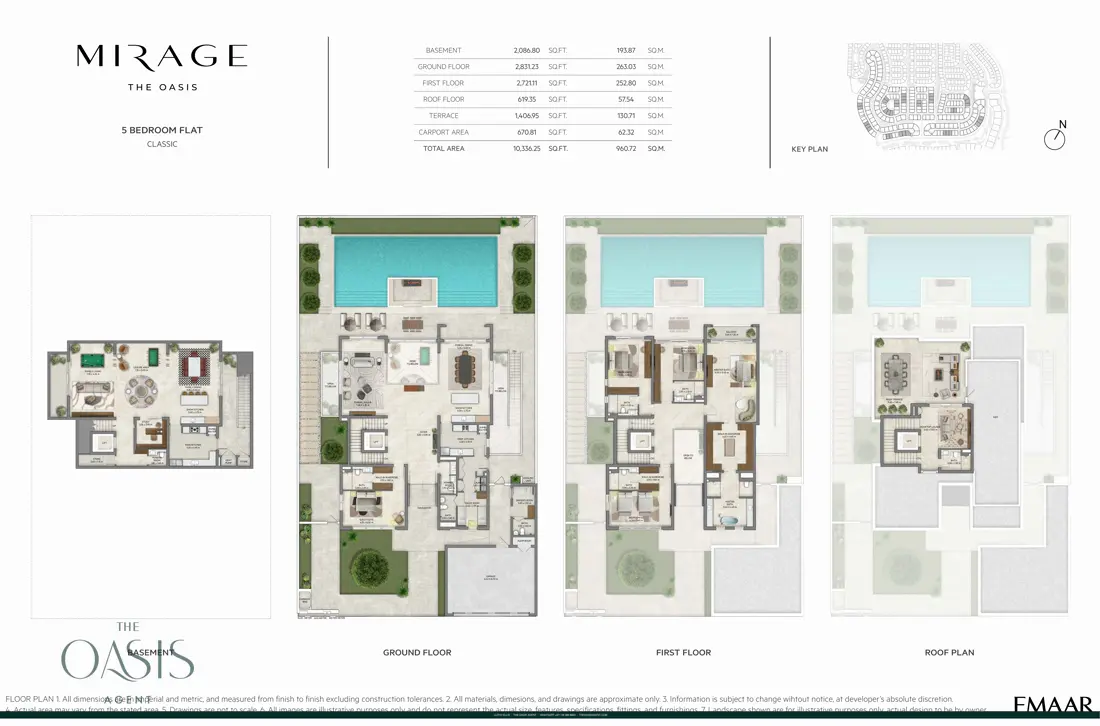Mirage 5 Bedroom Flat, Classic floor plan, Basement, ground, first & roof plans, The Oasis by Emaar