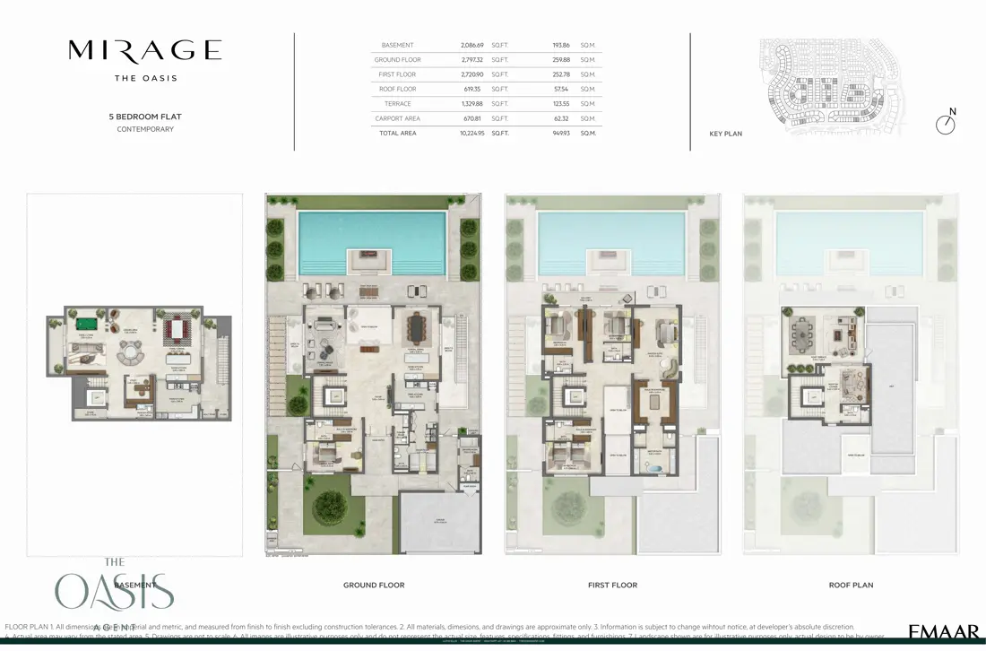 Mirage 5 Bedroom Flat, Contemporary floor plan, Basement, ground, first & roof plans, The Oasis by Emaar