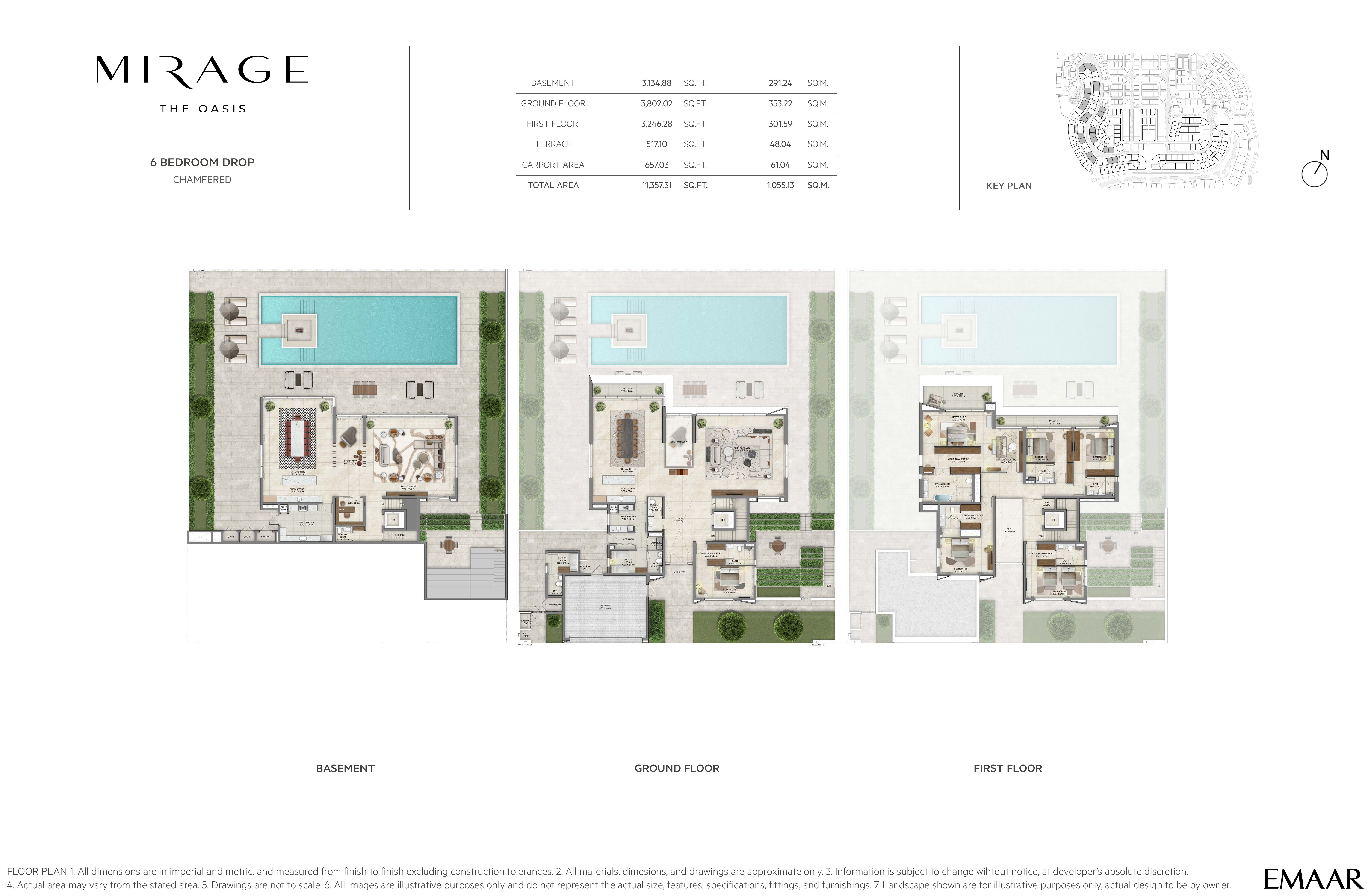 Mirage 6 Bedroom Drop — Chamfered floor plan — basement, ground & first floor plans