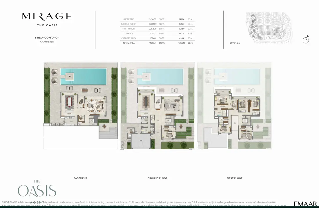 Mirage 6 Bedroom Drop, Chamfered floor plan, Basement, ground & first floor plans, The Oasis by Emaar