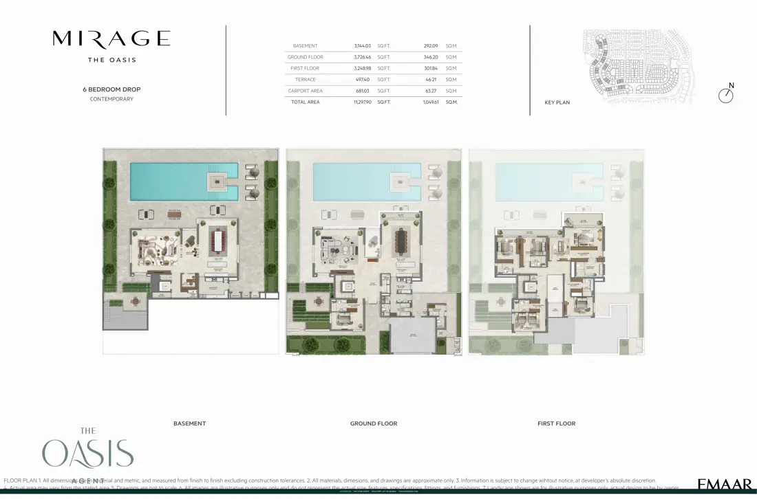 Mirage 6 Bedroom Drop, Contemporary floor plan, Basement, ground & first floor plans, The Oasis by Emaar