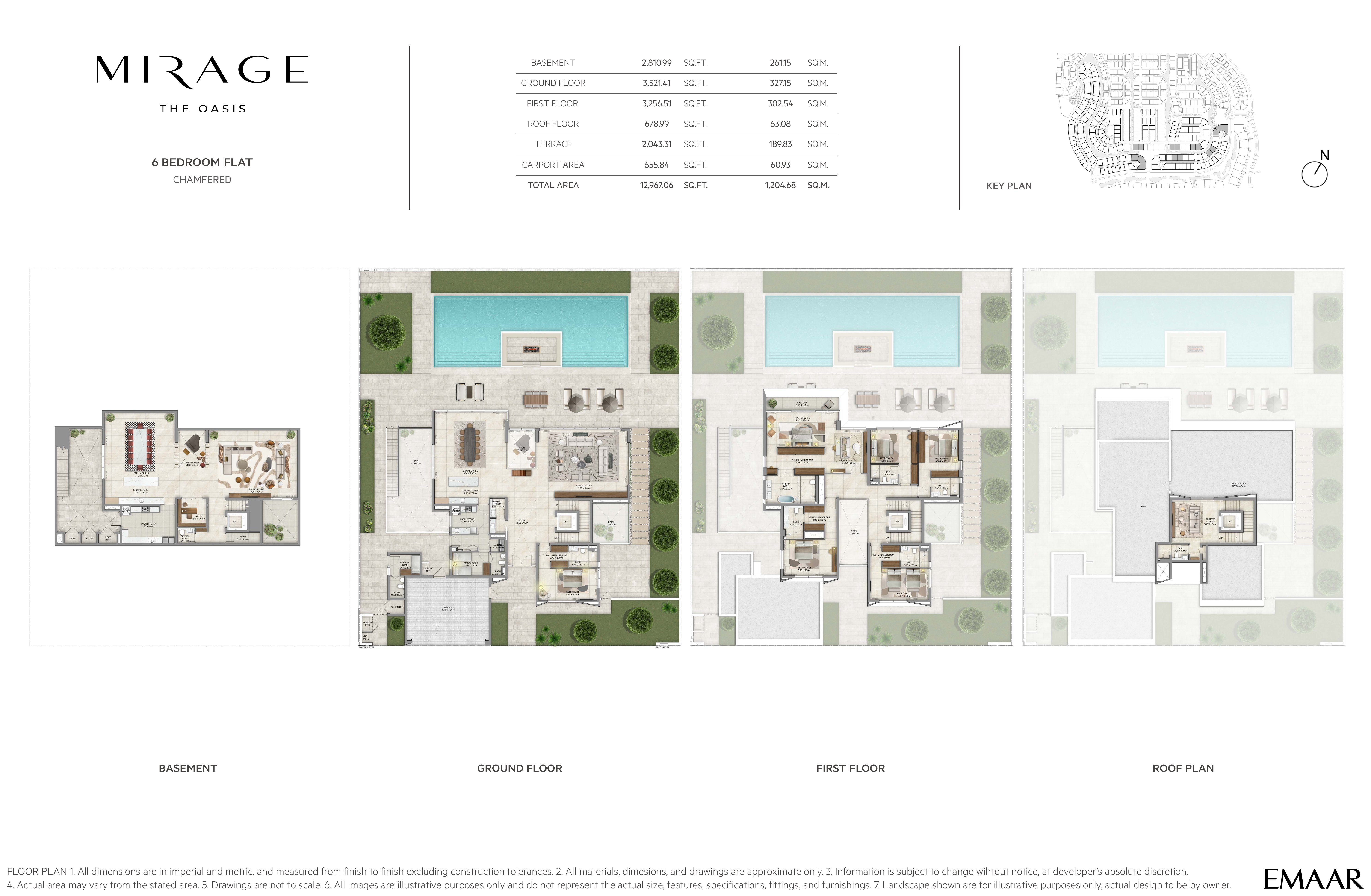Mirage 6 Bedroom Flat — Chamfered floor plan — basement, ground, first & roof plans