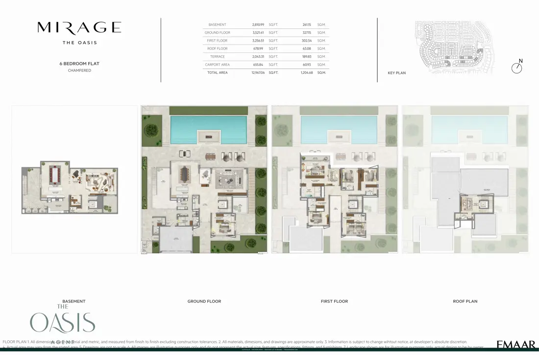 Mirage 6 Bedroom Flat, Chamfered floor plan, Basement, ground, first & roof plans, The Oasis by Emaar