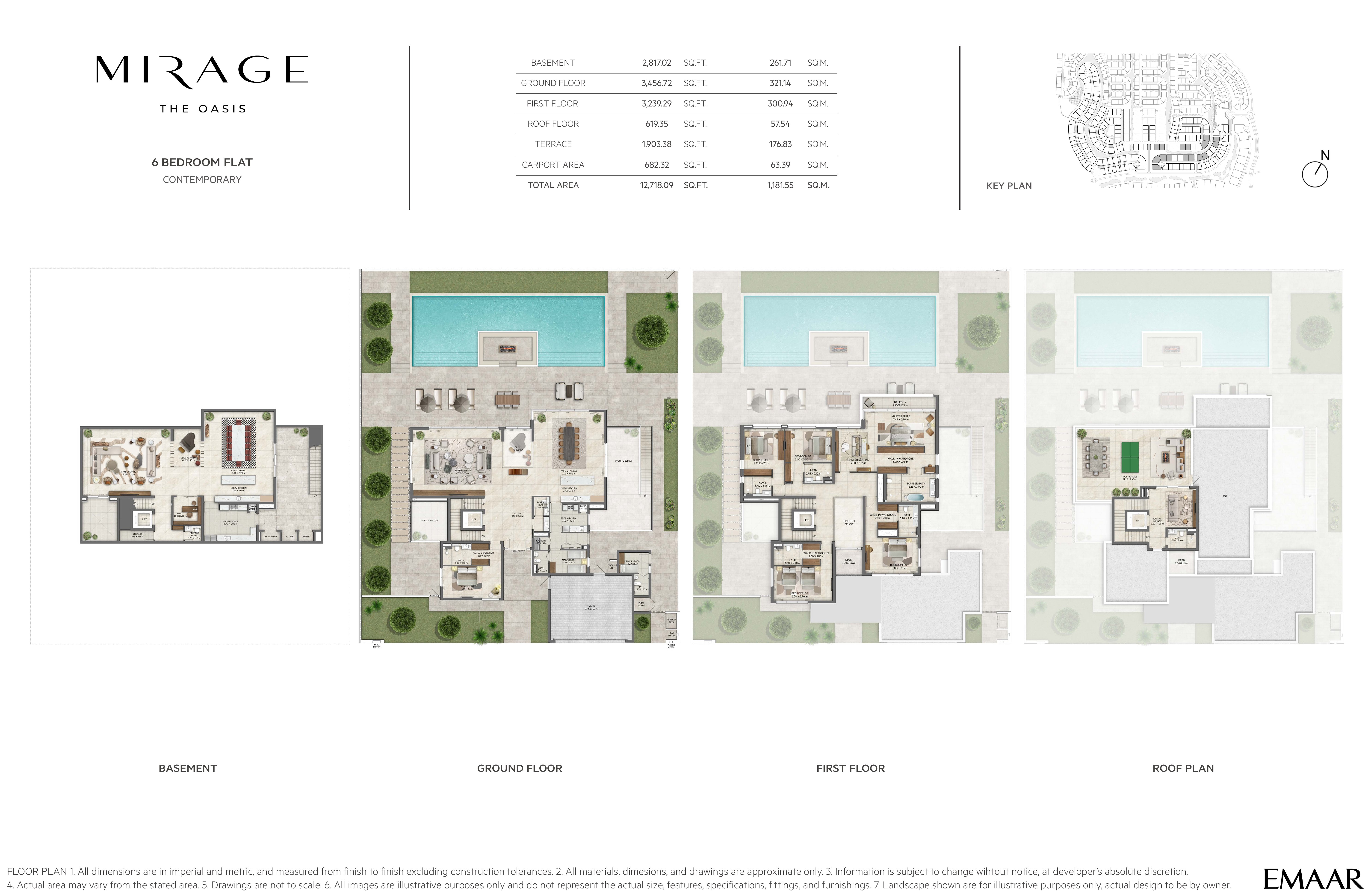 Mirage 6 Bedroom Flat — Contemporary floor plan — basement, ground, first & roof plans