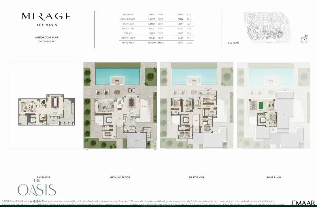 Mirage 6 Bedroom Flat, Contemporary floor plan, Basement, ground, first & roof plans, The Oasis by Emaar