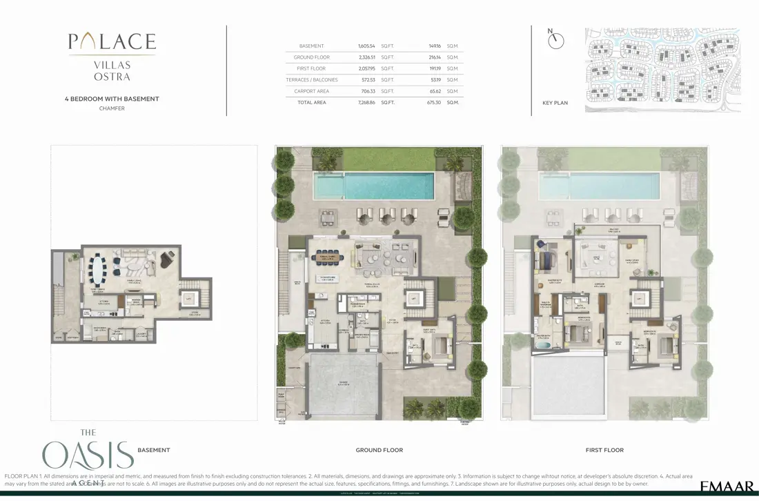 Palace Villas Ostra 4 Bedroom floor plan, 4 Bedroom with Basement, Chamfer – basement, ground and first floor plans (7,269 sq ft total), The Oasis by Emaar