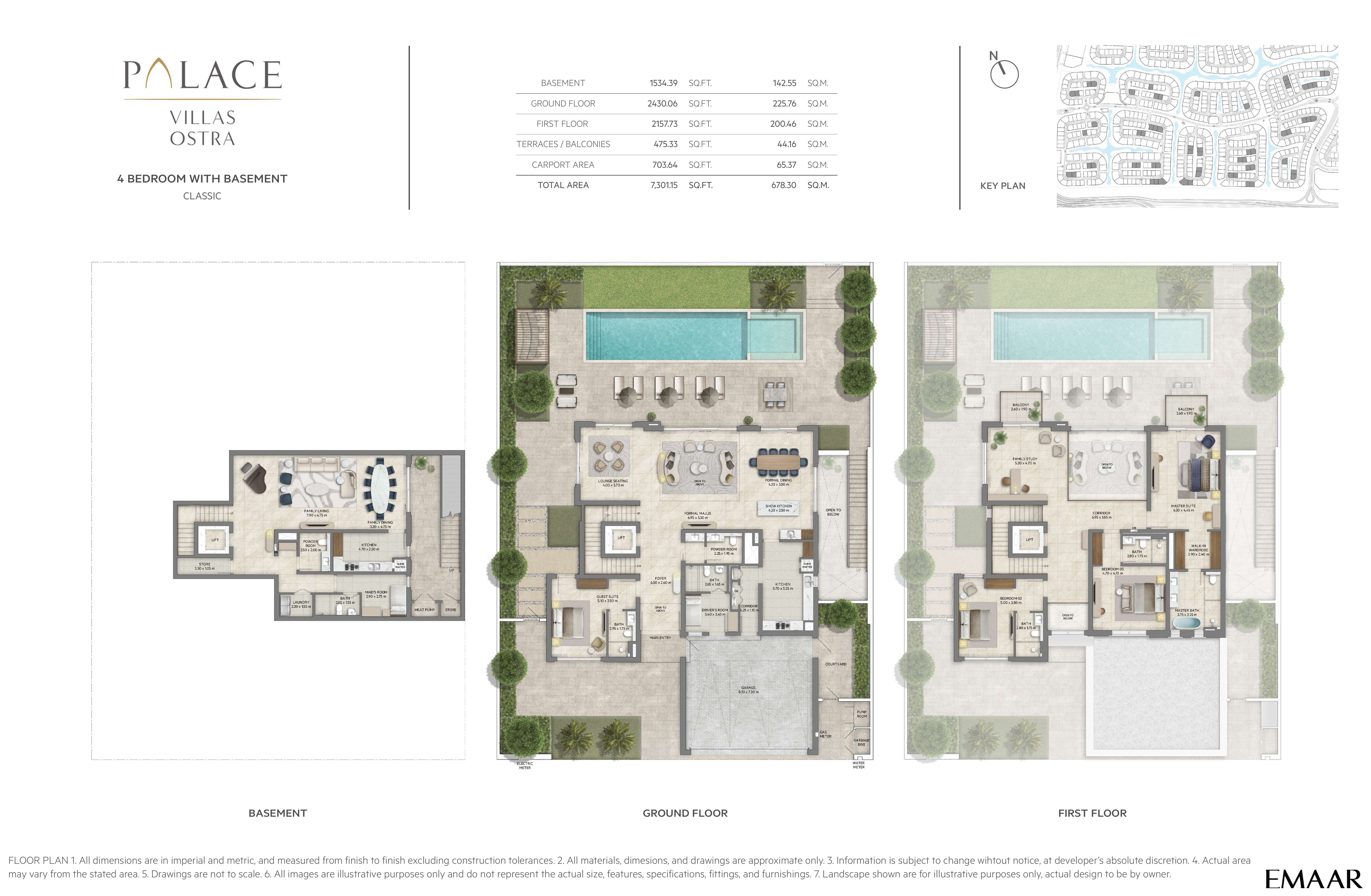 Palace Villas Ostra 4 Bedroom floor plan — 4 Bedroom with Basement, Classic – basement, ground and first floor plans (7,301 sq ft total)