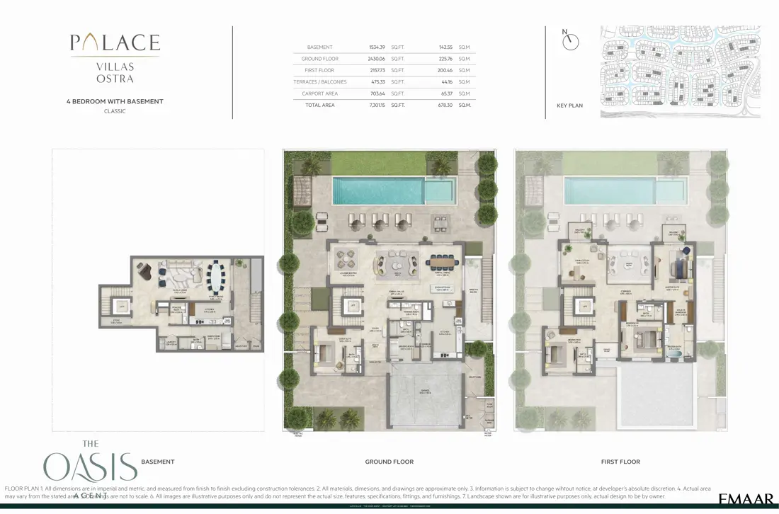 Palace Villas Ostra 4 Bedroom floor plan, 4 Bedroom with Basement, Classic – basement, ground and first floor plans (7,301 sq ft total), The Oasis by Emaar