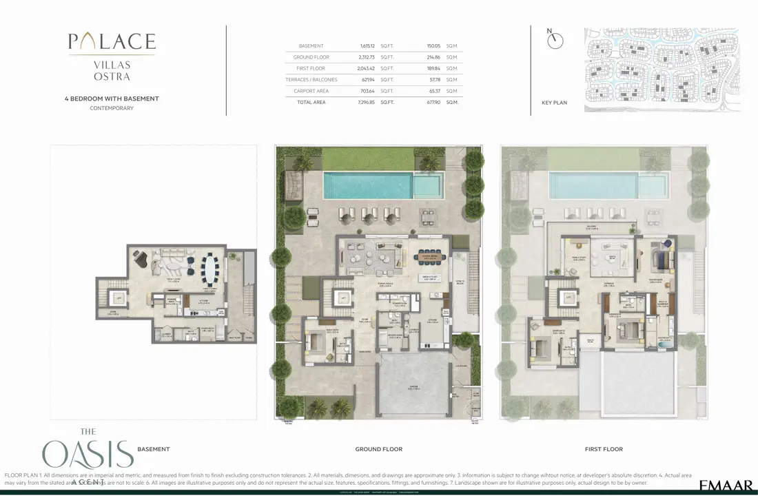 Palace Villas Ostra 4 Bedroom floor plan, 4 Bedroom with Basement, Contemporary – basement, ground and first floor plans (7,297 sq ft total), The Oasis by Emaar