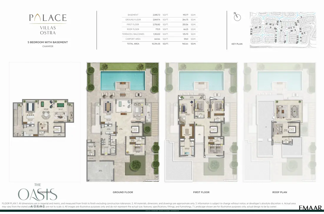 Palace Villas Ostra 5 Bedroom floor plan, 5 Bedroom with Basement, Chamfer – basement, ground, first and roof plans (10,394 sq ft total), The Oasis by Emaar