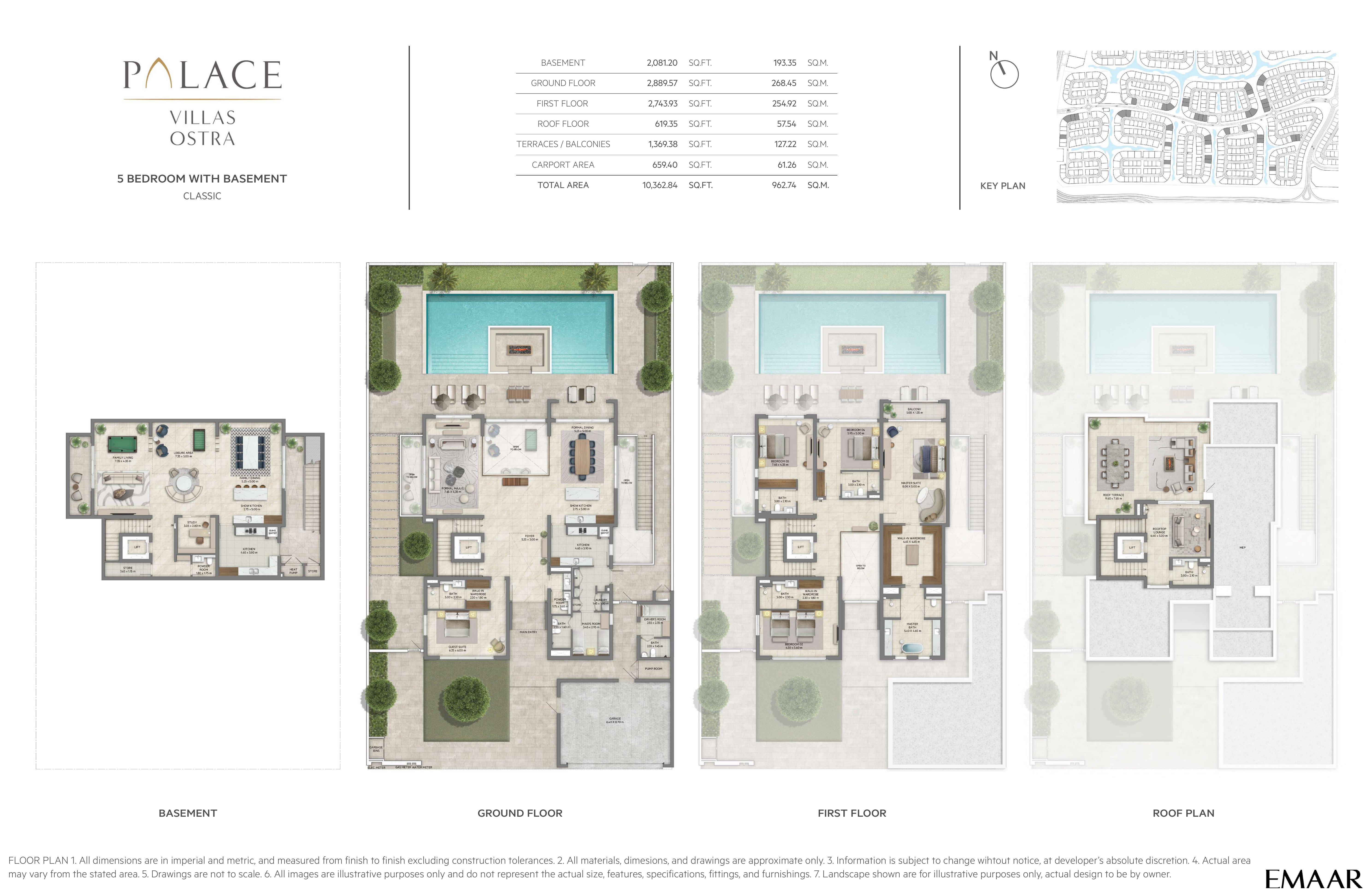 Palace Villas Ostra 5 Bedroom floor plan — 5 Bedroom with Basement, Classic – basement, ground, first and roof plans (10,363 sq ft total)