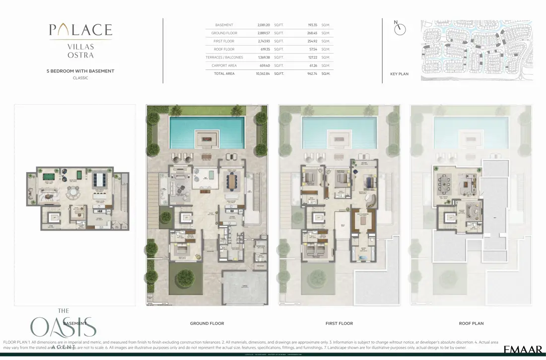 Palace Villas Ostra 5 Bedroom floor plan, 5 Bedroom with Basement, Classic – basement, ground, first and roof plans (10,363 sq ft total), The Oasis by Emaar