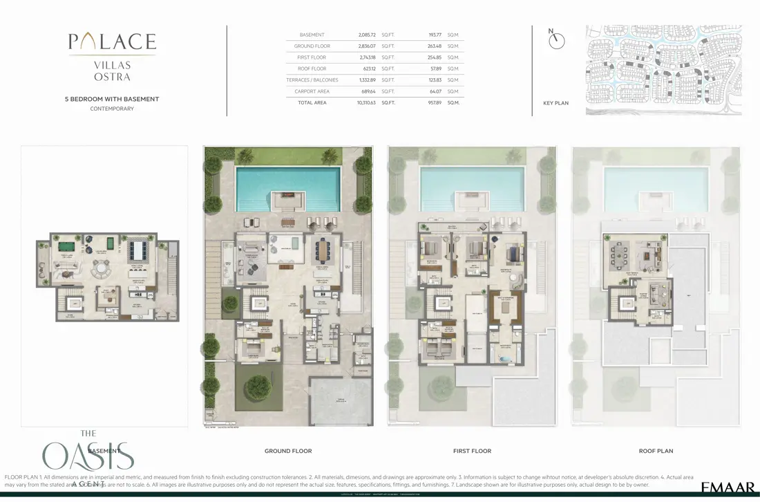 Palace Villas Ostra 5 Bedroom floor plan, 5 Bedroom with Basement, Contemporary – basement, ground, first and roof plans (10,311 sq ft total), The Oasis by Emaar