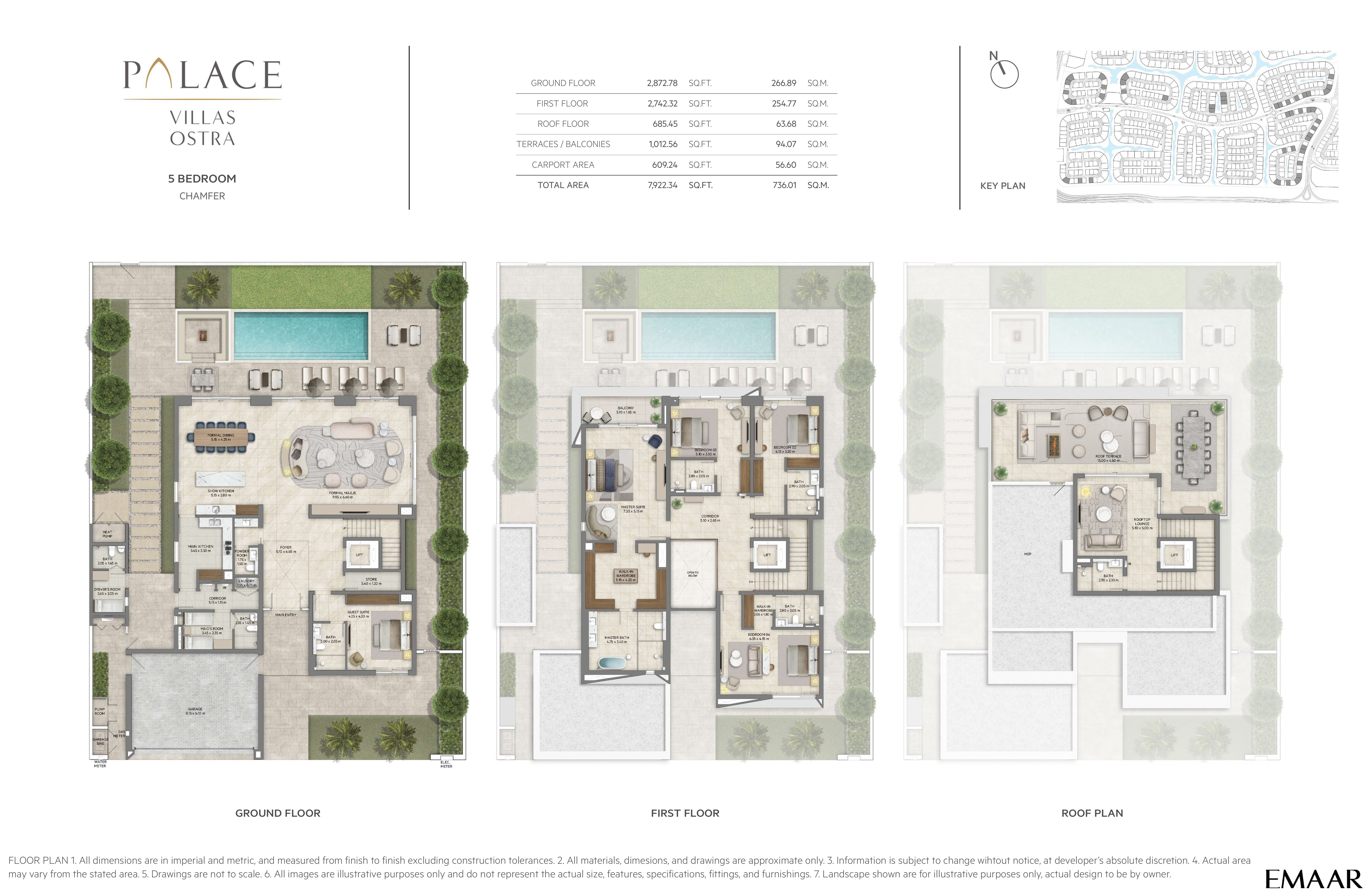 Palace Villas Ostra 5 Bedroom floor plan — 5 Bedroom, Chamfer – ground, first and roof plans (7,922 sq ft total)