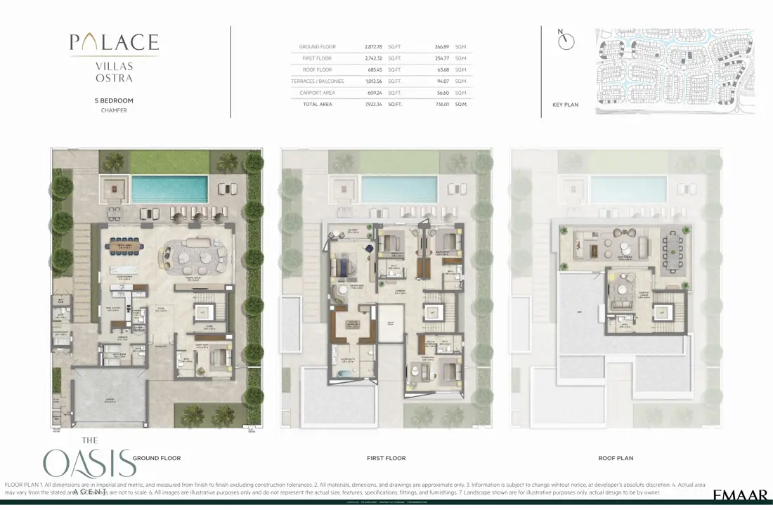 Palace Villas Ostra 5 Bedroom floor plan, 5 Bedroom, Chamfer – ground, first and roof plans (7,922 sq ft total), The Oasis by Emaar