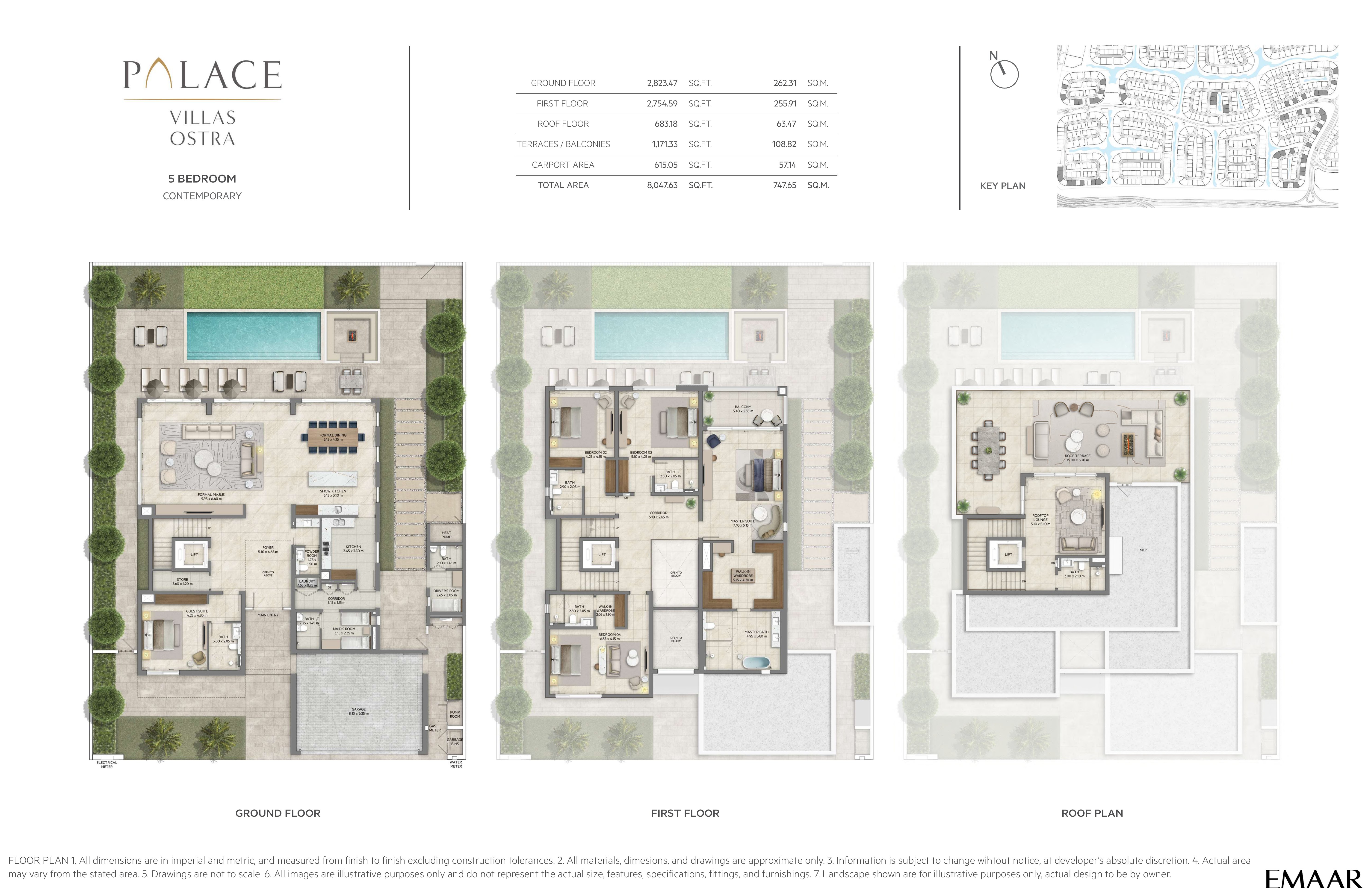 Palace Villas Ostra 5 Bedroom floor plan — 5 Bedroom, Contemporary – ground, first and roof plans (8,048 sq ft total)