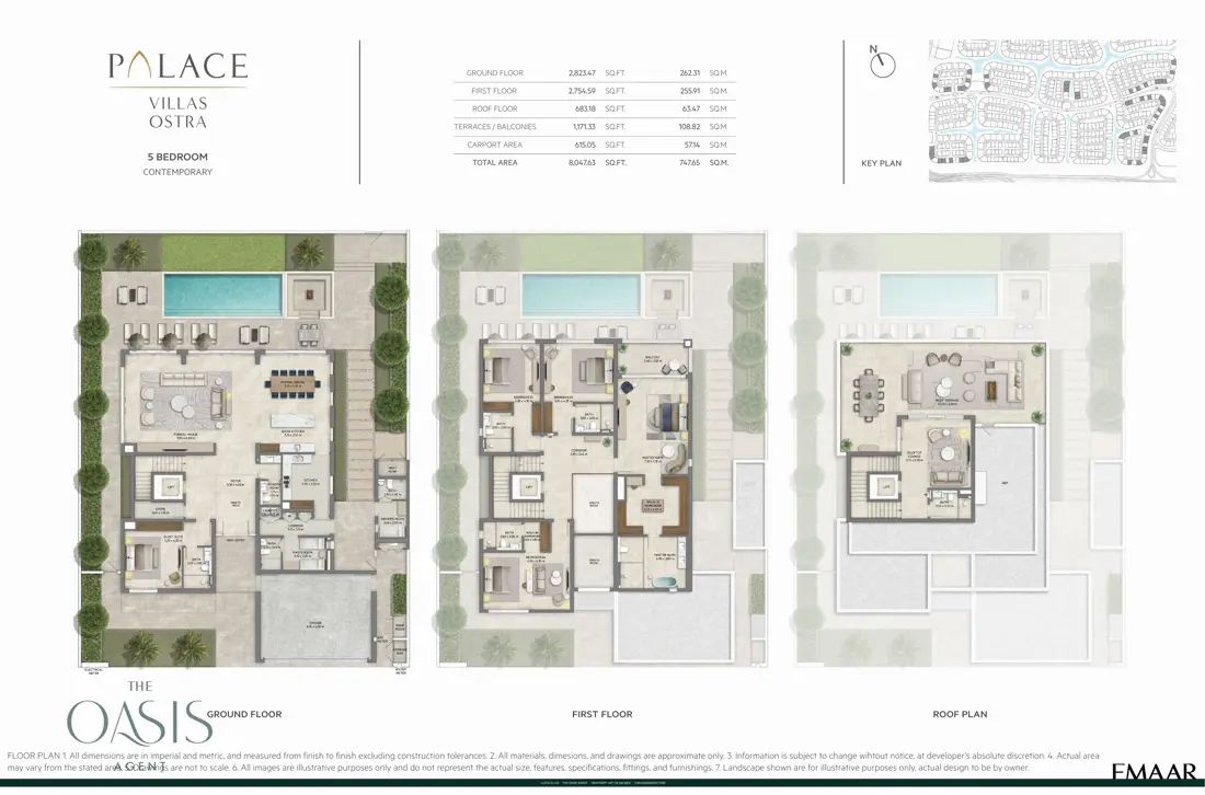 Palace Villas Ostra 5 Bedroom floor plan, 5 Bedroom, Contemporary – ground, first and roof plans (8,048 sq ft total), The Oasis by Emaar