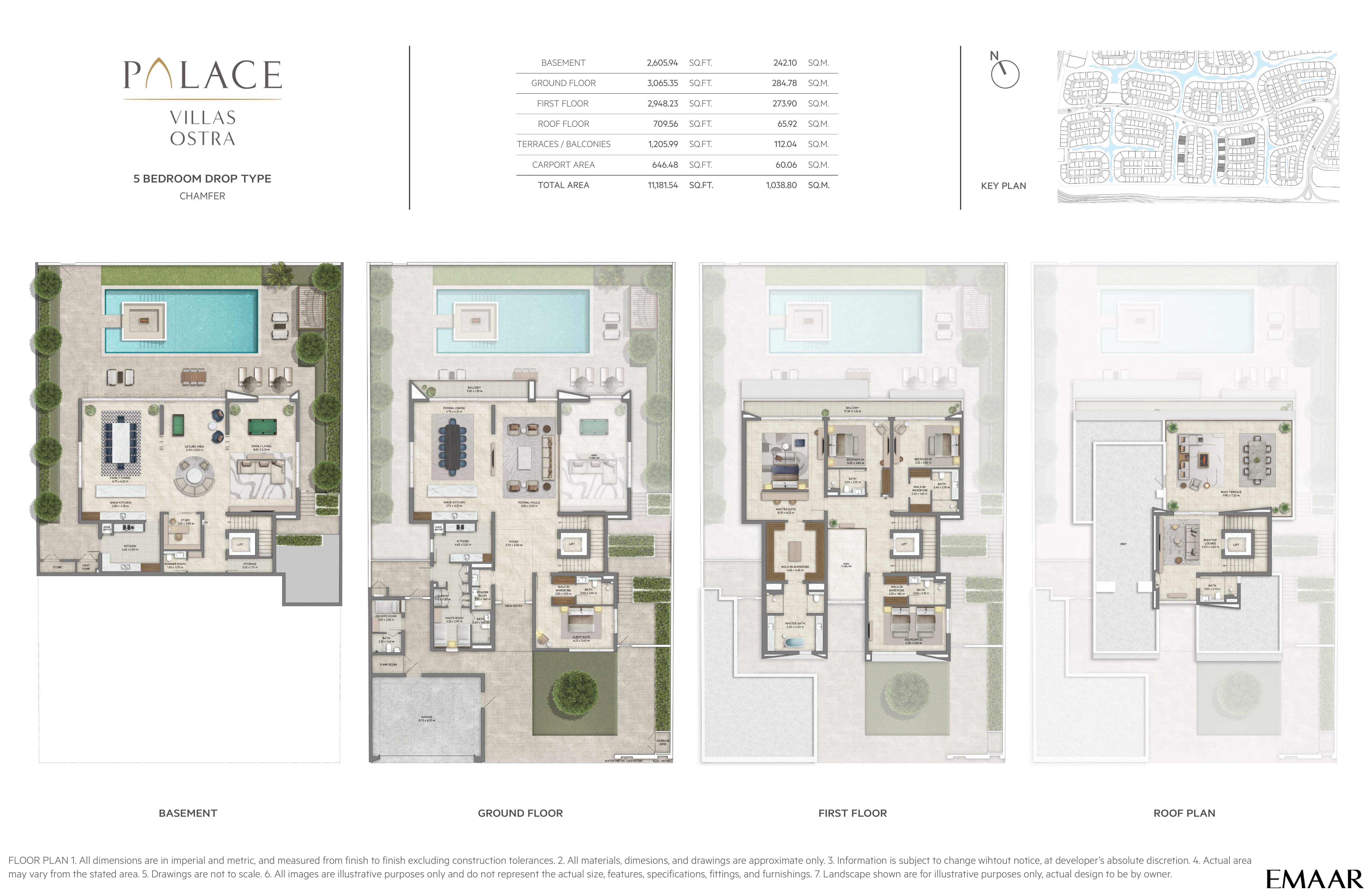Palace Villas Ostra 5 Bedroom floor plan — 5 Bedroom Drop Type, Chamfer – basement, ground, first and roof plans (11,182 sq ft total)