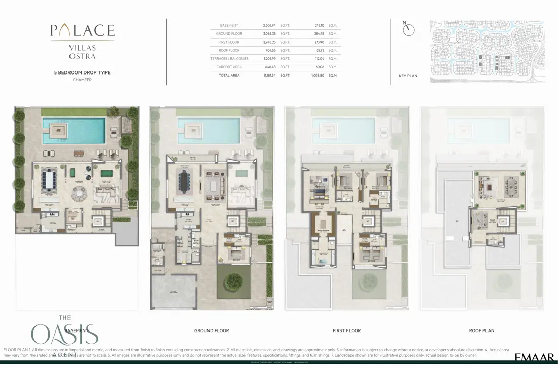 Palace Villas Ostra 5 Bedroom floor plan, 5 Bedroom Drop Type, Chamfer – basement, ground, first and roof plans (11,182 sq ft total), The Oasis by Emaar