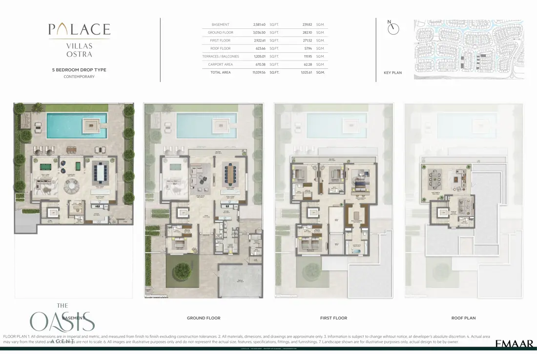 Palace Villas Ostra 5 Bedroom floor plan, 5 Bedroom Drop Type, Contemporary – basement, ground, first and roof plans (11,040 sq ft total), The Oasis by Emaar